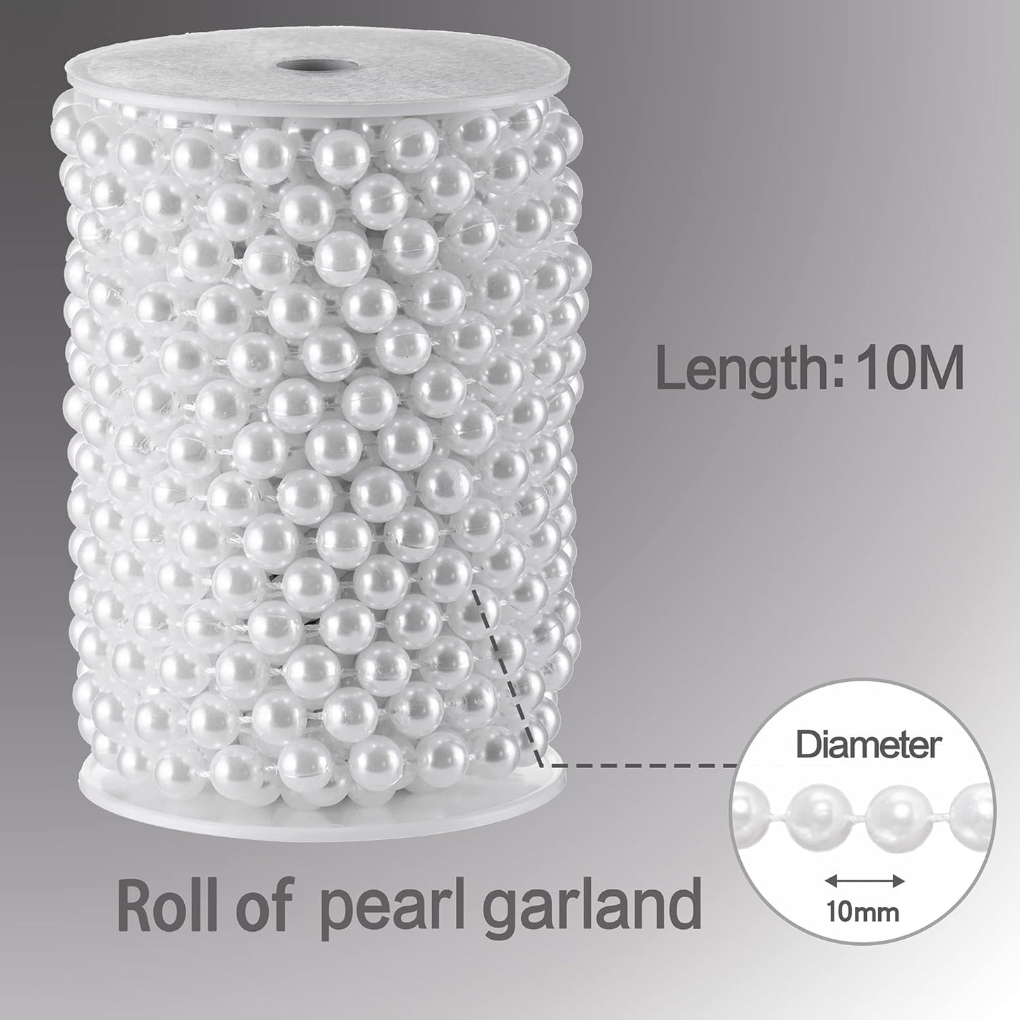 Craft String Pearls 10MM Pearl Bead, 33 Feet White Faux Pearl Garland Spool Roll Strand Wedding Party Decoration, Christmas Tree Decorations