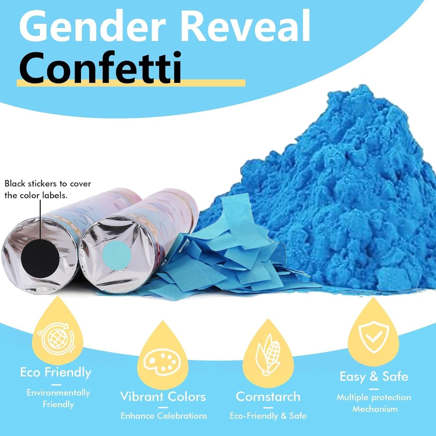 Previvo Gender Reveal Confetti Powder Cannon - 4 Pack Blue Baby Gender Reveal Poppers - 100% Biodegradable Powder Smoke - Ideas Party