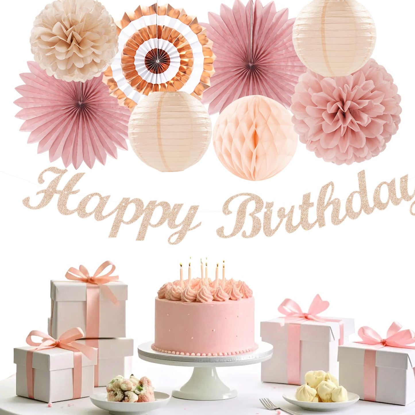 Blush-Pink Rose-Gold Fall Birthday Party-Decorations - 21pcs Boho Happy Banner Sign,Women Paper Lanterns Honeycomb,One Sweet Peach Streamers Garland,Girl Tissue Pom Poms Flowers Fans Decor Burgleda