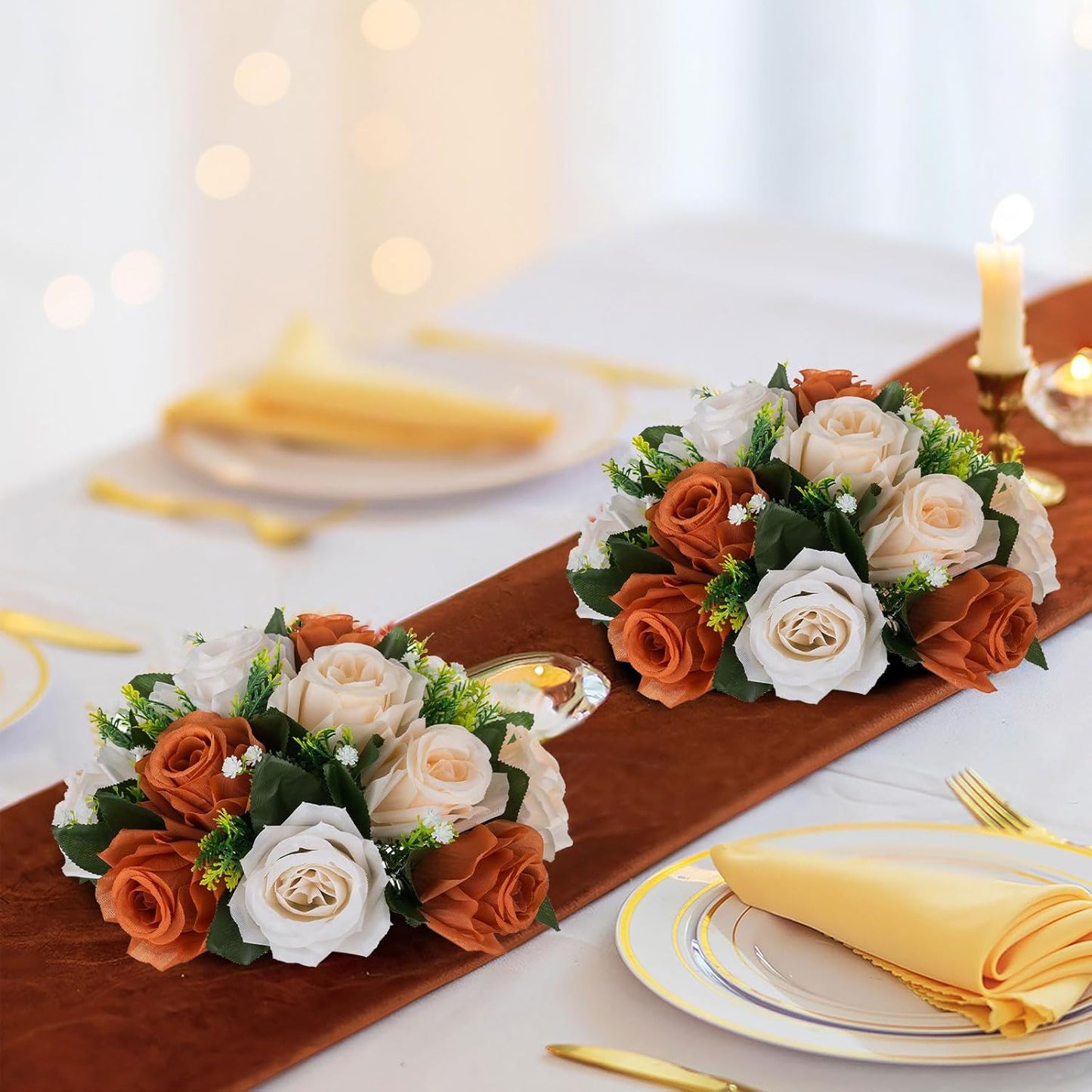 BLOSMON Flower Balls Wedding Centerpieces: 10 Pcs Terracotta Fake Rose Kissing Balls Table Decor - Fall Artificial Silk Bouquet with Base Floral Arrangements Home Party Room DIY Decorations