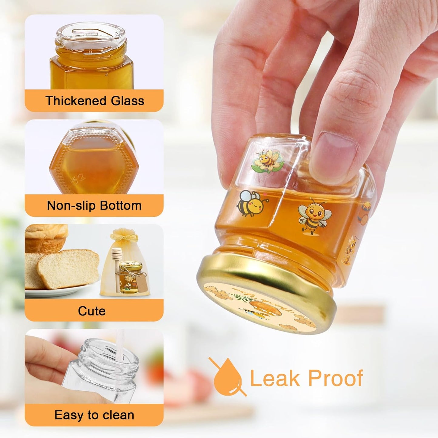 144Pcs 1.5 oz Mini Hexagon Glass Honey Jars with Dippers, Gold Lids, Bee Stickers, Bee Charms, Gift Bags & Jute–Empty Small Honey Jars for Party Favors Bulk, Ideal for Baby Showers ＆ Weddings