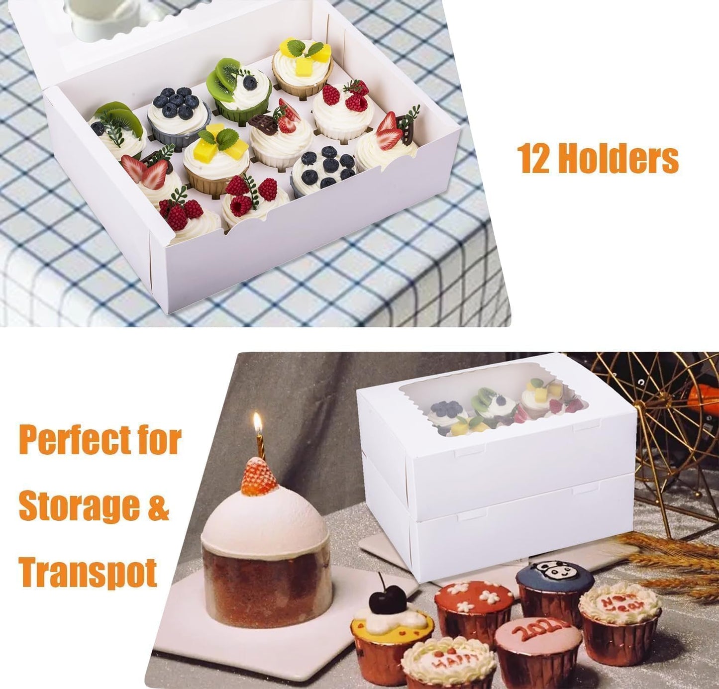 26-Set Cupcake Boxes Hold 12 Standard Cupcakes, Food Grade Cupcake Holders Bakery Carrier Boxes with Windows and Inserts for Cupcakes, Muffins and Pastries (White-26 Pack)