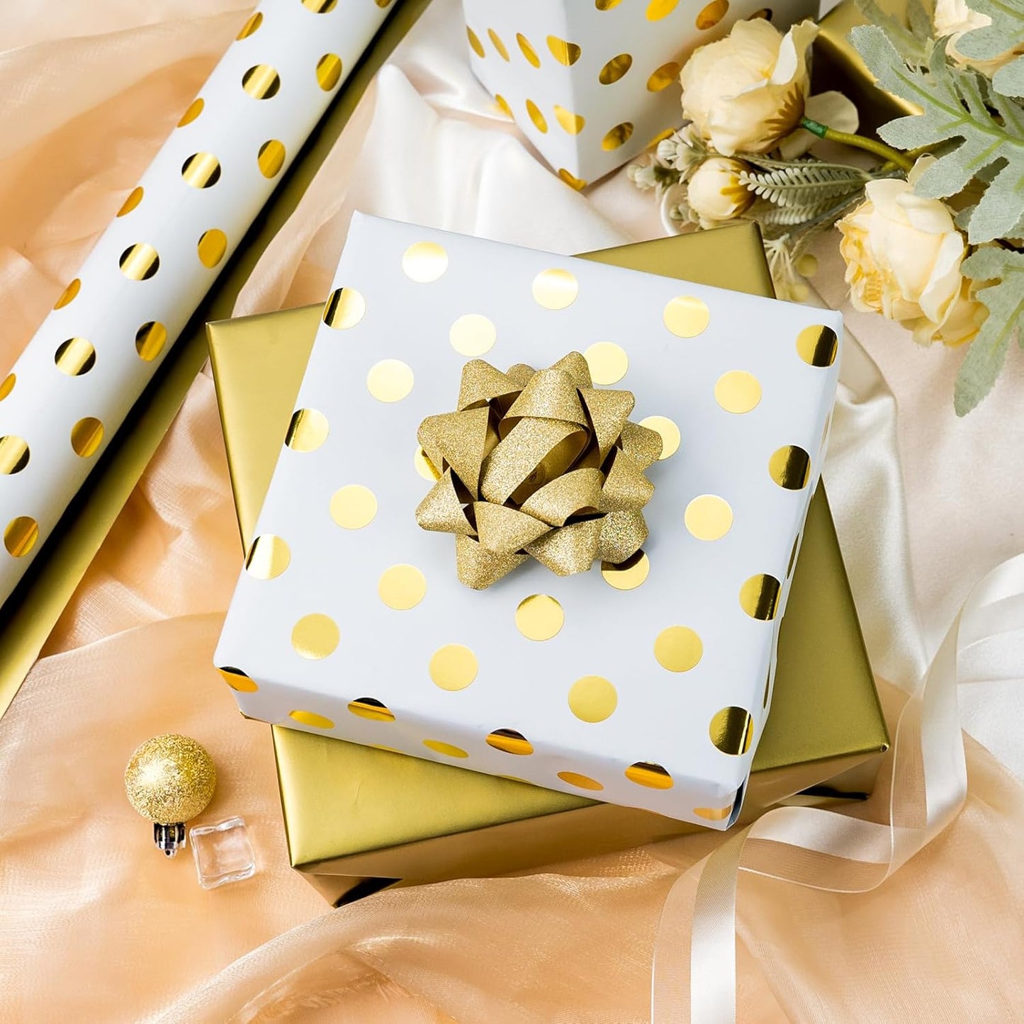 Burymento Platinum Dots Wrapping Paper, Reversible Gold Gift Wrap for Birthday, Valentines, Mothers day, Graduation, Wedding, Fathers day, Baby Shower, Christmas (17in x 32.8ft)