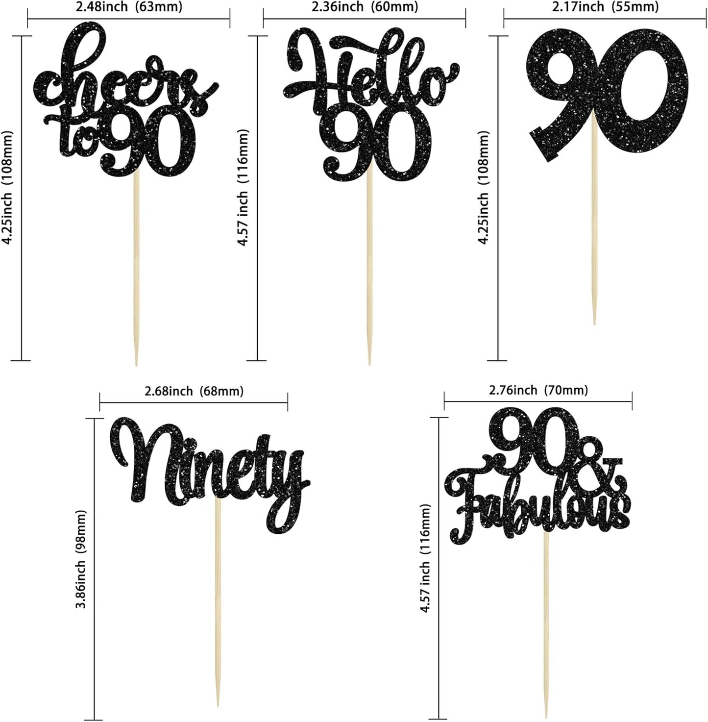 Gyufise 30Pcs Happy 90th Birthday Cupcake Toppers Black Glitter Ninety Cheers to 90 Years Old Birthday Cupcake Picks for Happy 90th Birthday Anniversary Party Cake Decorations