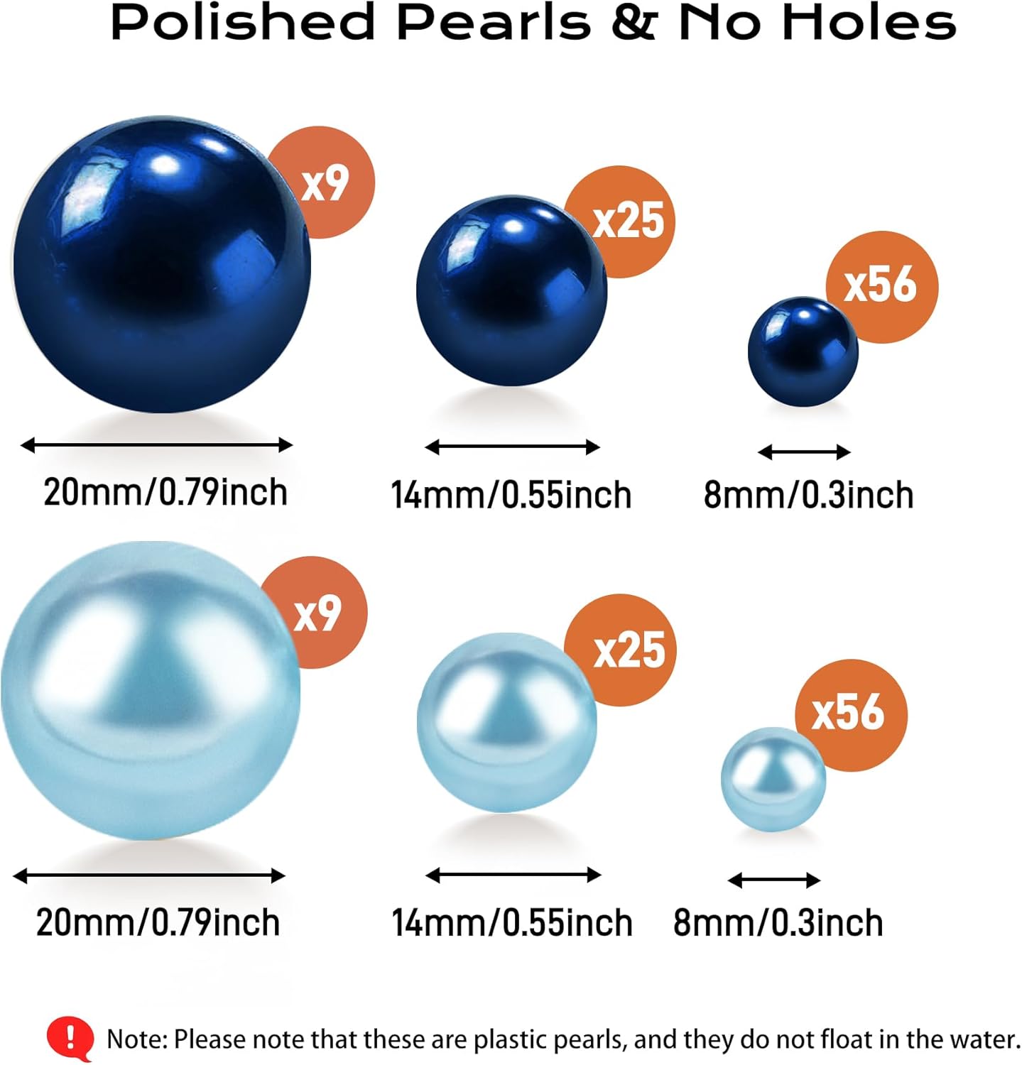 180PCS Navy & Light Blue Beads for Centerpieces Vases, No Hole Polished Pearl Makeup Beads Mixed 8/14/20mm Sizes, Pearl Vase Fillers Table Scatters for Party Wedding Decor