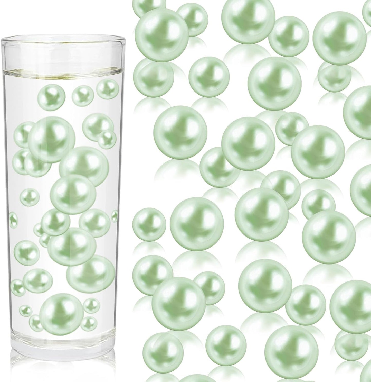 100PCS Light Green Faux Pearls Beads for Centerpiece Vases, Vase Filler Faux Pearls, No Holes Filler Beads for Easter Party Anniversary Birthday Wedding Table Decor, 14/20/30mm