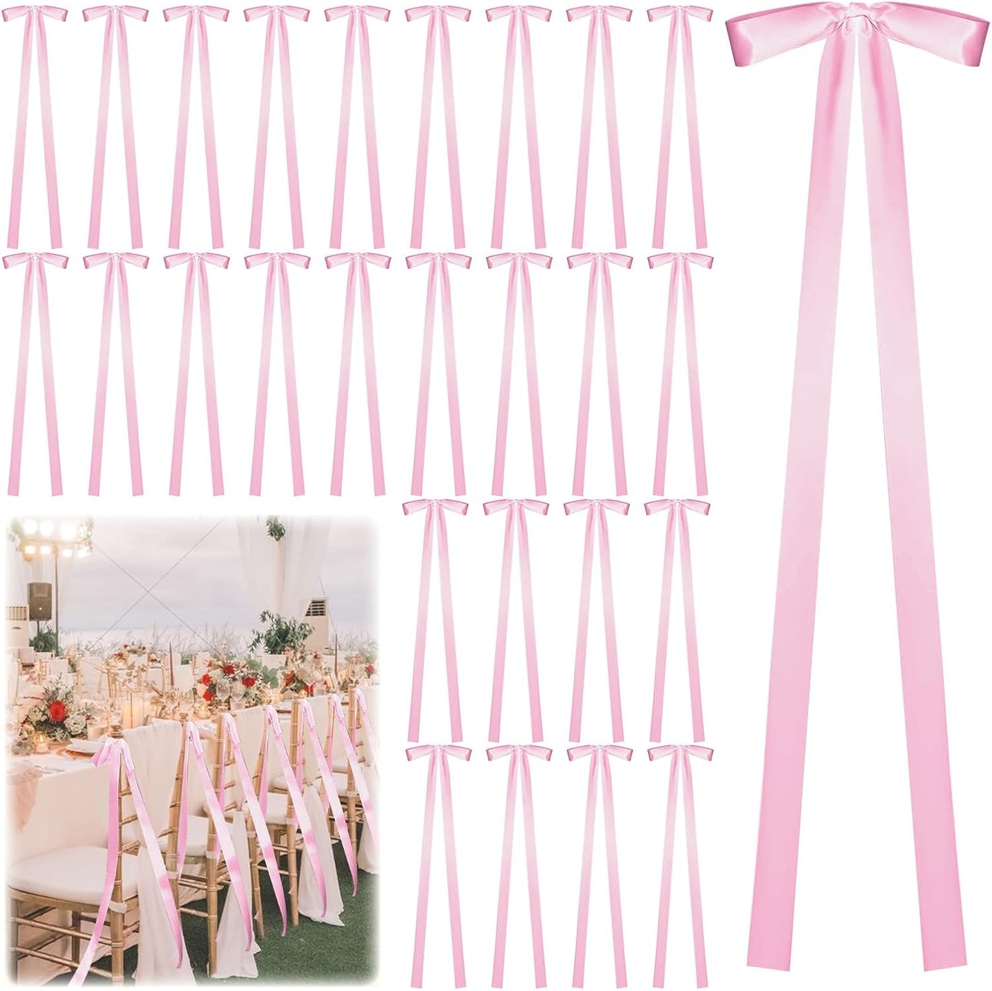 24 Pcs Large Wedding Pink Ribbon Bows for Wedding Chairs Decorative Ribbon Sashes for Pew Back Elegant Ceremony Ribbons for Bridal Shower Banquet Marriage Ceremony