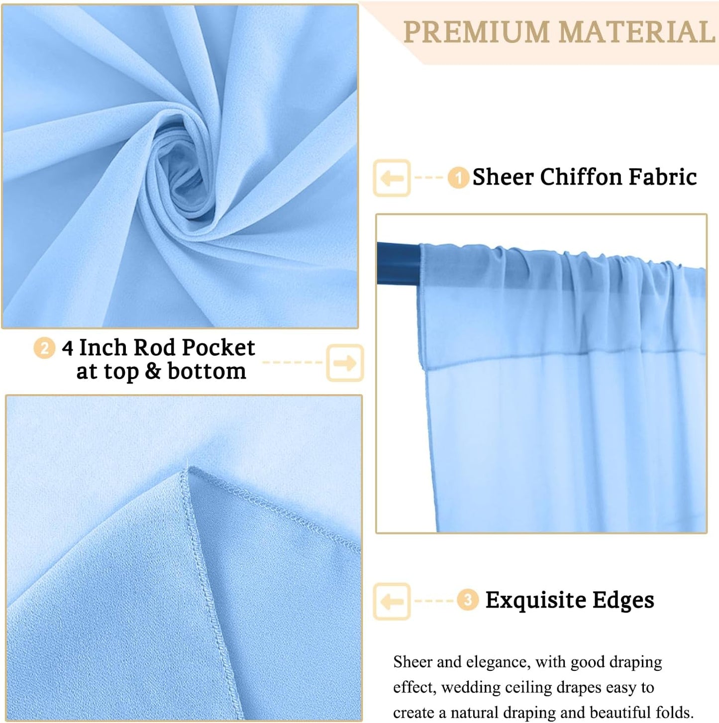 MODFUNS Light Blue Ceiling Drapes Wedding Arch Drapery 5x30ft 2 Panels Sheer Chiffon Curtain Drapes Tulle Ceiling Fabric Draping Fabric Vintage Wedding Ceremony Party Tent Ceiilng Drapes Supplies