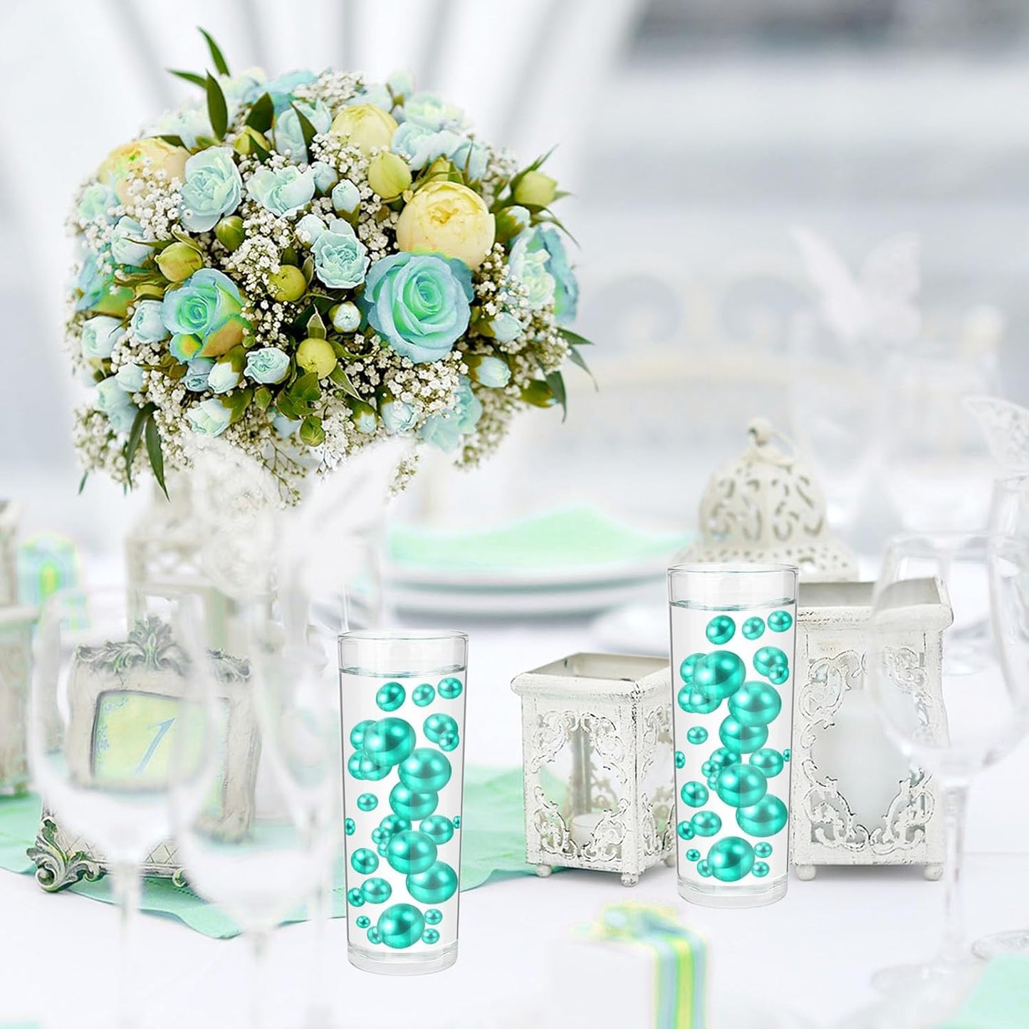 100PCS Lake Green Faux Pearls Beads for Centerpiece Vases, Vase Filler Faux Pearls, No Holes Filler Beads for Party Anniversary Birthday Wedding Table Decor, 14/20/30mm