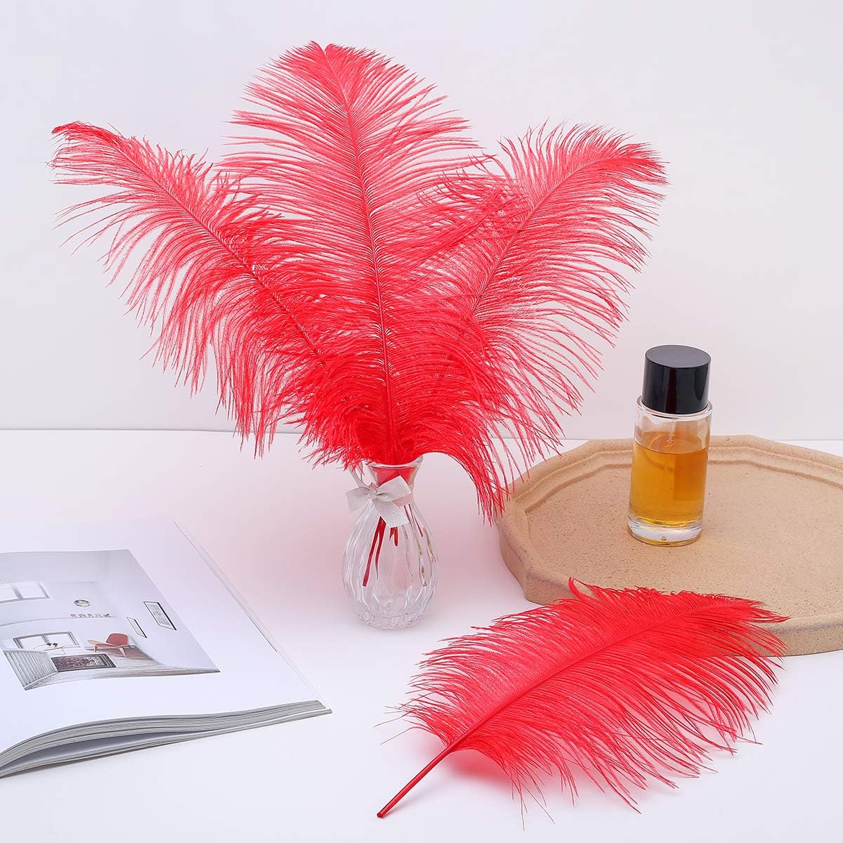 12pcs Natural Bright Red Ostrich Feathers 12-14inch (30-35cm) for Wedding Party Centerpieces，Flower Arrangement and Home Decoration.
