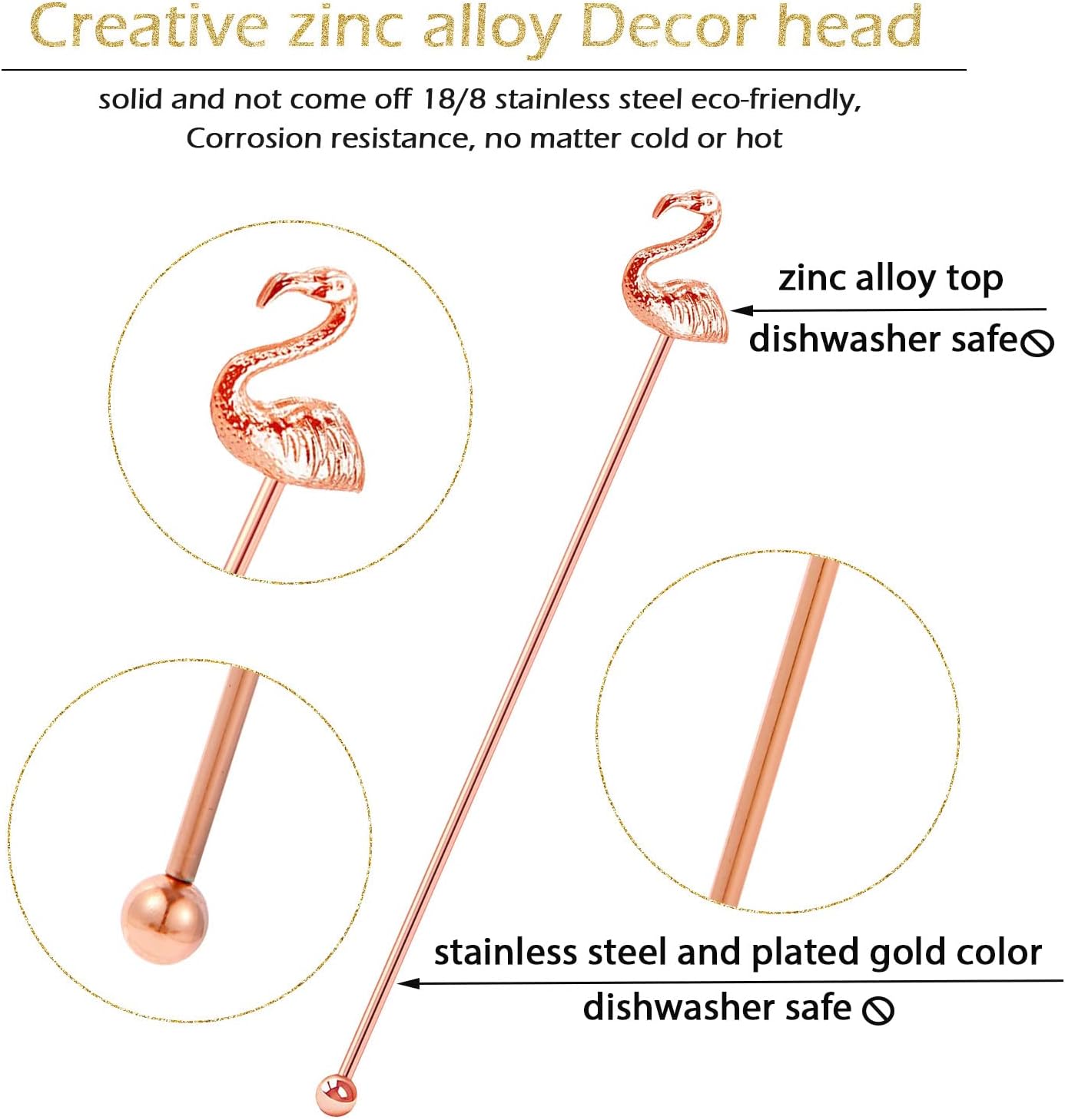 4 Pcs Flamingo Cocktail Stirrers Swizzle Sticks Stainless Steel 7.28" Coffee Stir Sticks with Decor Top for Mixing Cocktail, Hot Cocoa, Creamer, Rose Gold