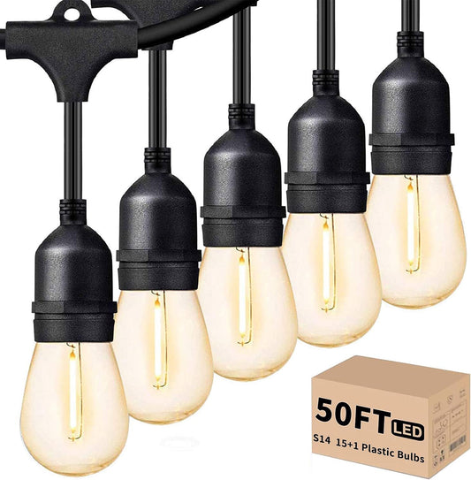 Svater Outdoor Led String Lights 50FT, Patio Lights with 16pcs S14 Shatterproof Bulbs, 1 Watt E26 Dimmable 2700K Warm White, IP65 Waterproof, Commercial Grade Light