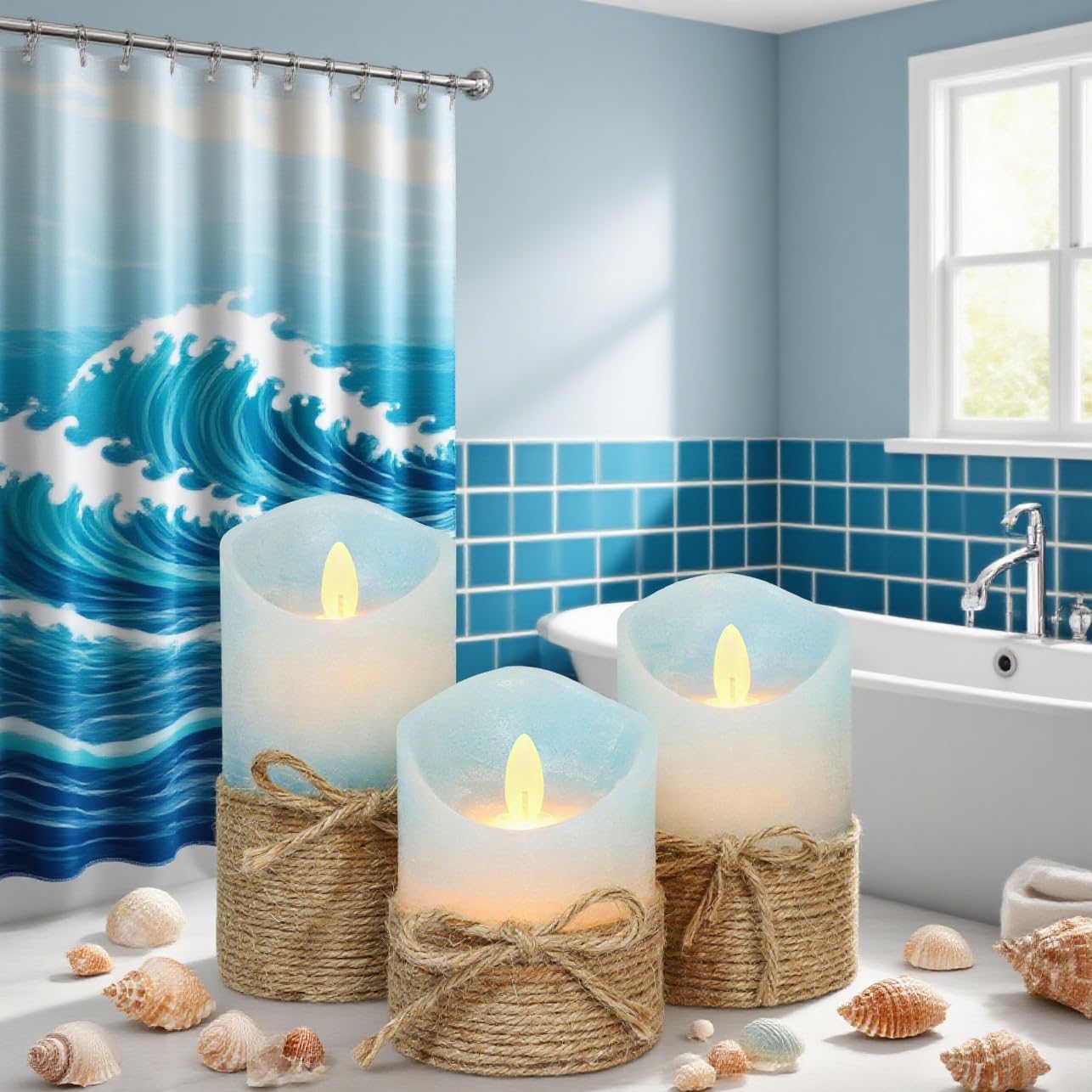 Silverstro Nautical Decor Ocean Blue Flameless Candles - Home Christmas Farmhouse Summer Decorations - Set of 3 (D3.11 X H4 5" 6")