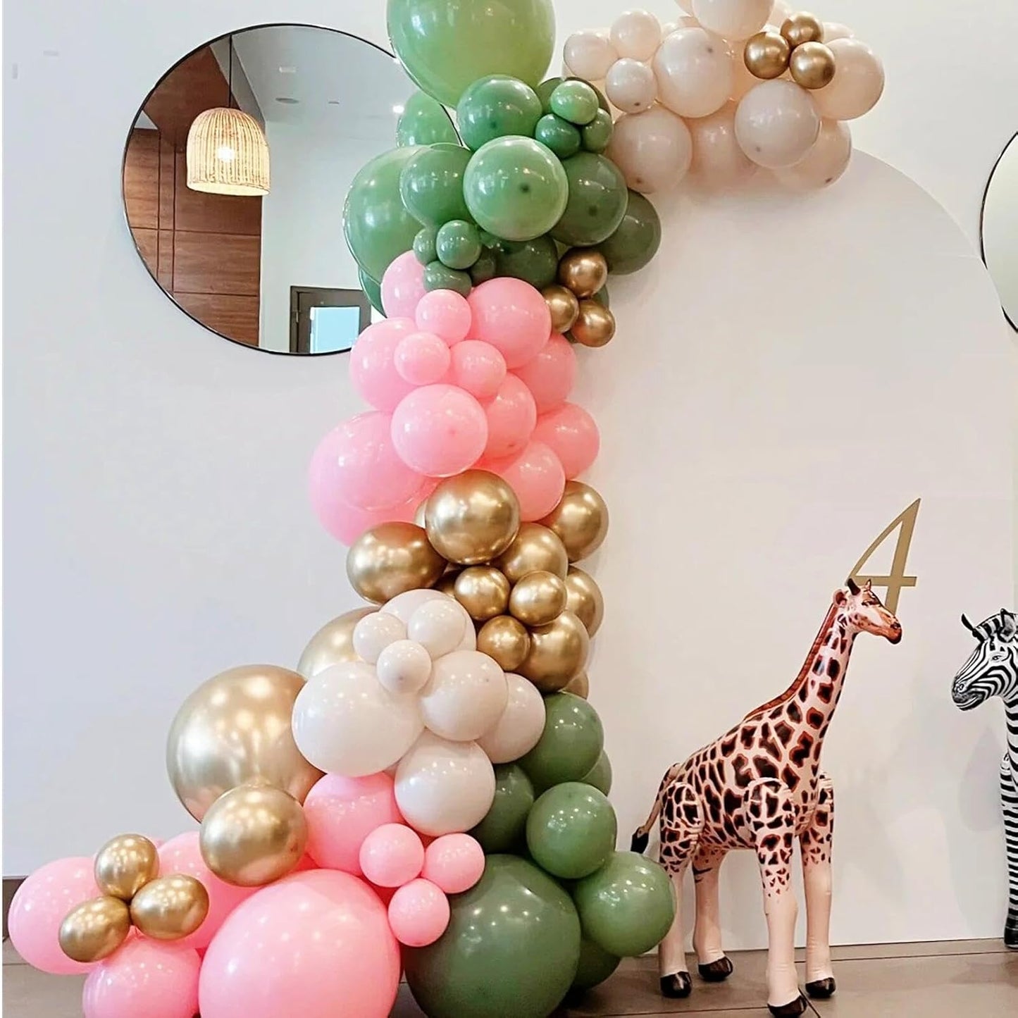 412Pcs Pink and Green Balloon Garland Arch Kit -Different Sizes 18 12 10 5inch Sage Green and Pink White Sand Gold Different Size Balloons for Girl Birthday Jungle Safari Woodland Party Decorations