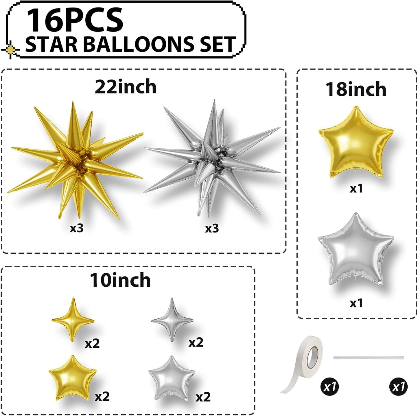 16 Pcs Gold Silver Star Balloons, 22/18/10 Inch Foil Balloons, Four-Pointed Balloon for Kids Men Birthday Graduation Wedding Bridal Baby Shower Party Decorations