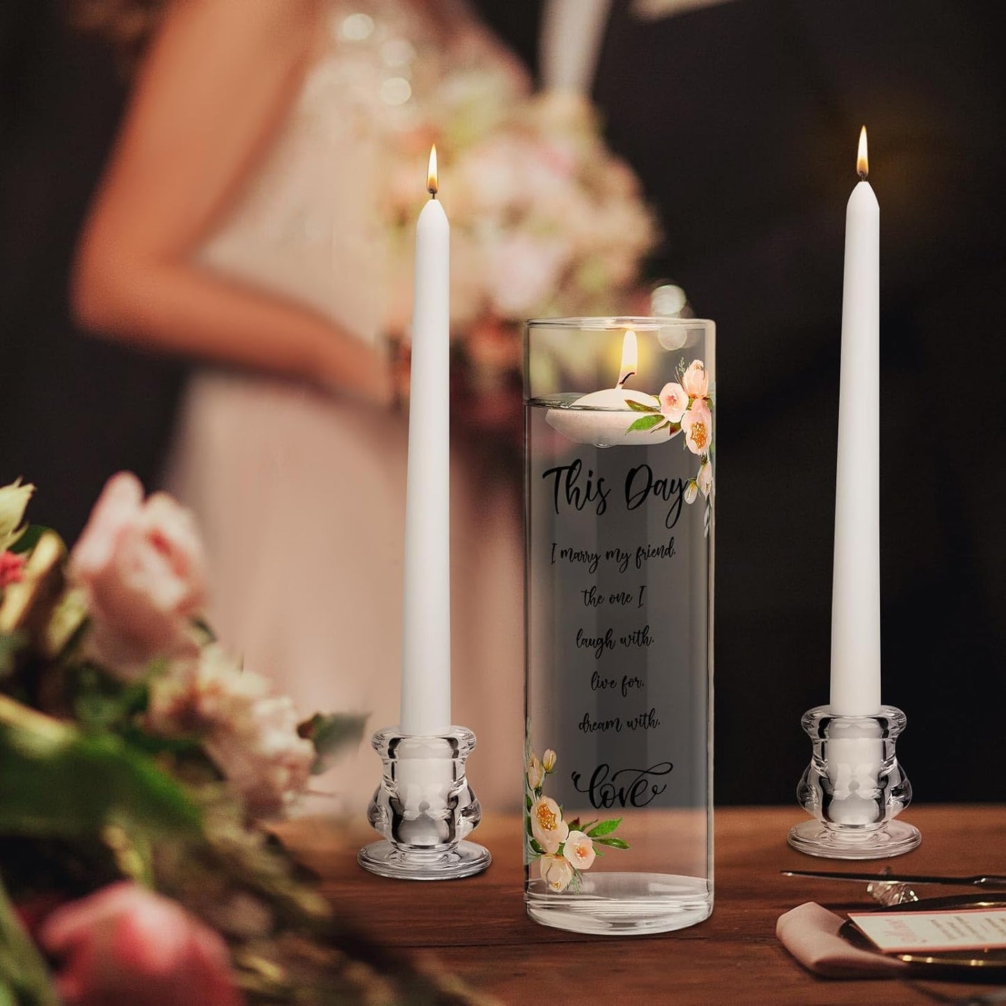 Irenare Unity Candles with Holder for Wedding Ceremony Wedding Decortions Accessories Glass Candle Holder Pillar Candle for Formal Events Church(Fresh Style)