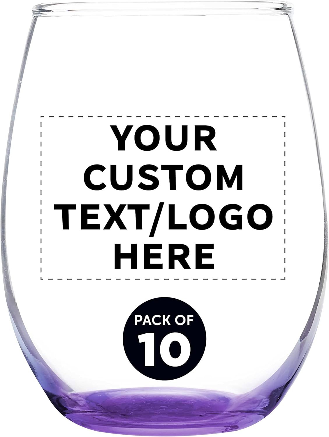 Custom Stemless Wine Glass 9 oz. Set of 10, Personalized Bulk Pack - Great for Wedding Favors, Bachelorette Party Decorations, Party Favors, Color Bottom - Purple
