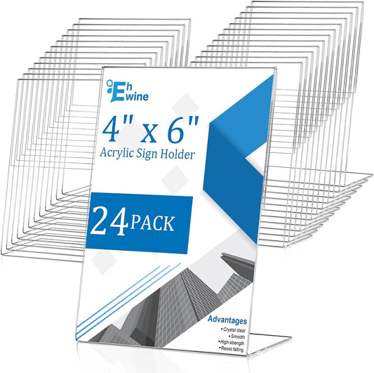 EHWINE 24 Pack 4 x 6 Acrylic Sign Holder, Clear Plastic Signs Display Stand, Vertical Slanted Back Paper Holder Stand up Table Top Sign Holders Flyer Stand Frames Suitable for Office Business Store