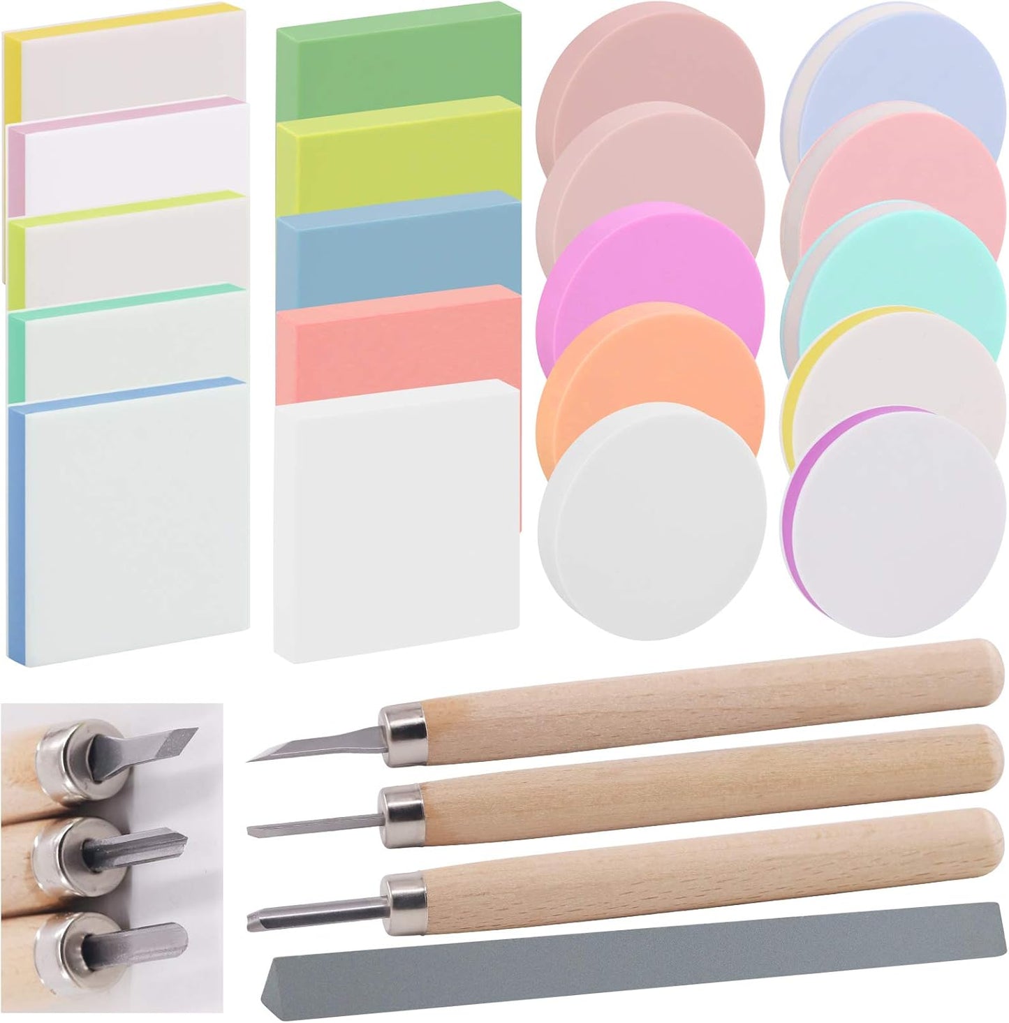 Rustark 22 Pcs Mixed Rubber Stamp Carving Blocks Set with Carving Knives and Whetstone, Carve Block Printing Carving Block Kit for Printmaking, Scrapbooking, Sculpting, Stamping