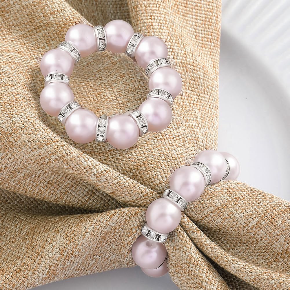 20Pcs Pearl Napkin Rings, Pink Beaded White Silver Round Buckles, Set of 6, Wedding and Formal Dinner Table Decor (20, Pink)