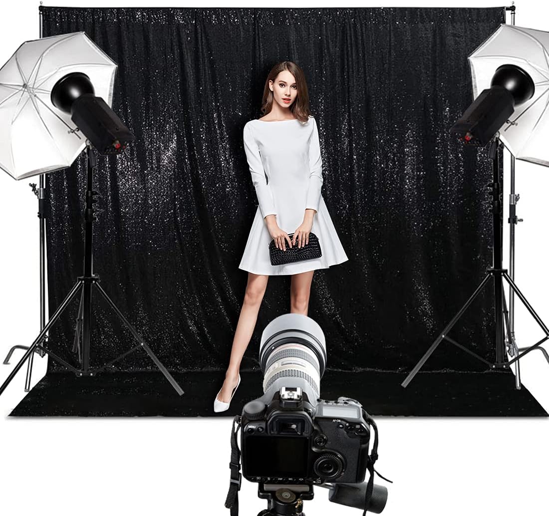 Poise3EHome 10Ft x 10Ft Black Sequin Backdrop Curtain, Glitter Thick Satin Background Drapes, Sparkly Opaque Photography Curtain, Sequence Xmas Thanksgiving Backdrop for Wedding Party Decor