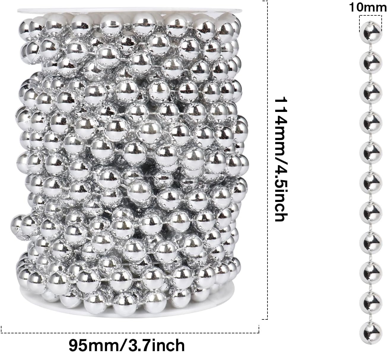 [33 Feet] Silver Pearl Beads Garland, 10MM 11 Yards Silver Faux Pearl Beads String Roll Bulk for DIY Craft Christmas Tree Wedding Party Decoration