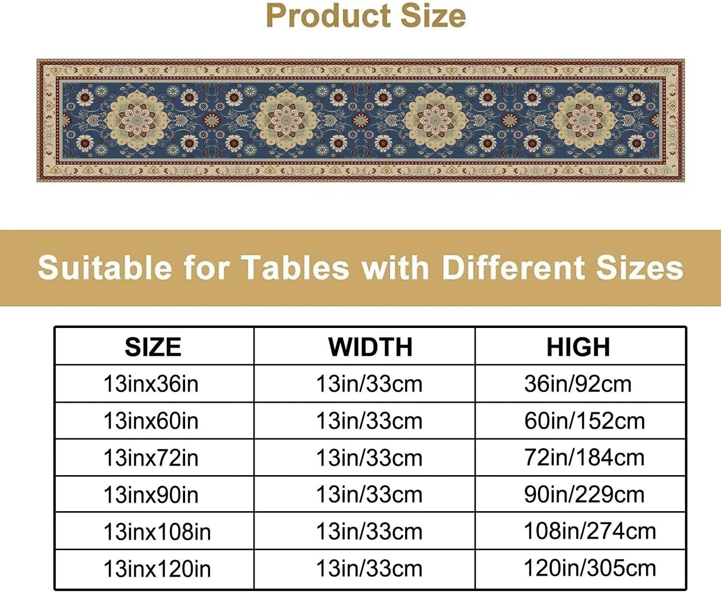 Vintage Boho Floral Table Runner, Elegant Rustic Country Farmhouse Blue Yellow Retro Flower Pattern for Home Kitchen Table Decor Dining Coffee Room Party Decor 13x36in