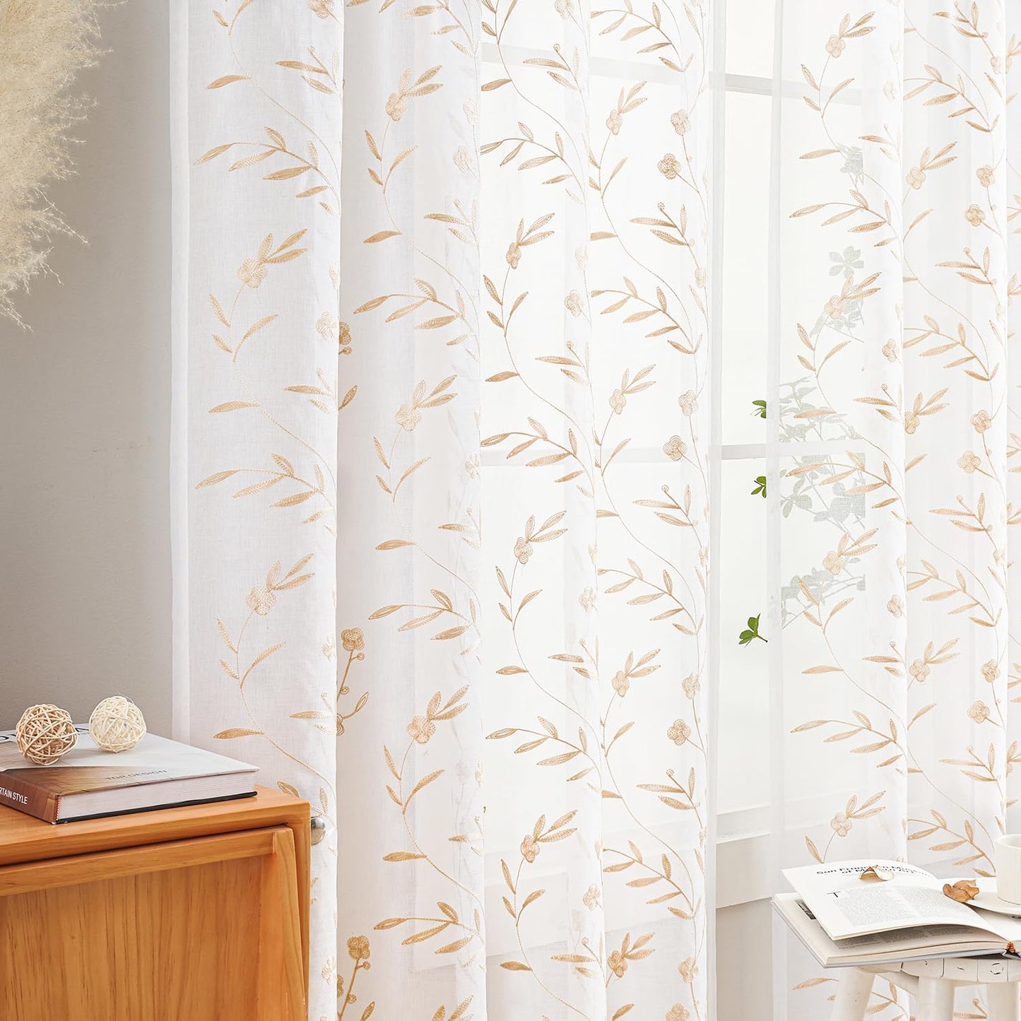 Sheer Curtains 45 Inches White-Beige Floral Embroidery Rod Pocket Voile Drapes for Living room, Bedroom, Window Treatments Lace Outdoor Curtain Panels for Yard, Kitchen, Villa, Set of 2, 52"x 45".