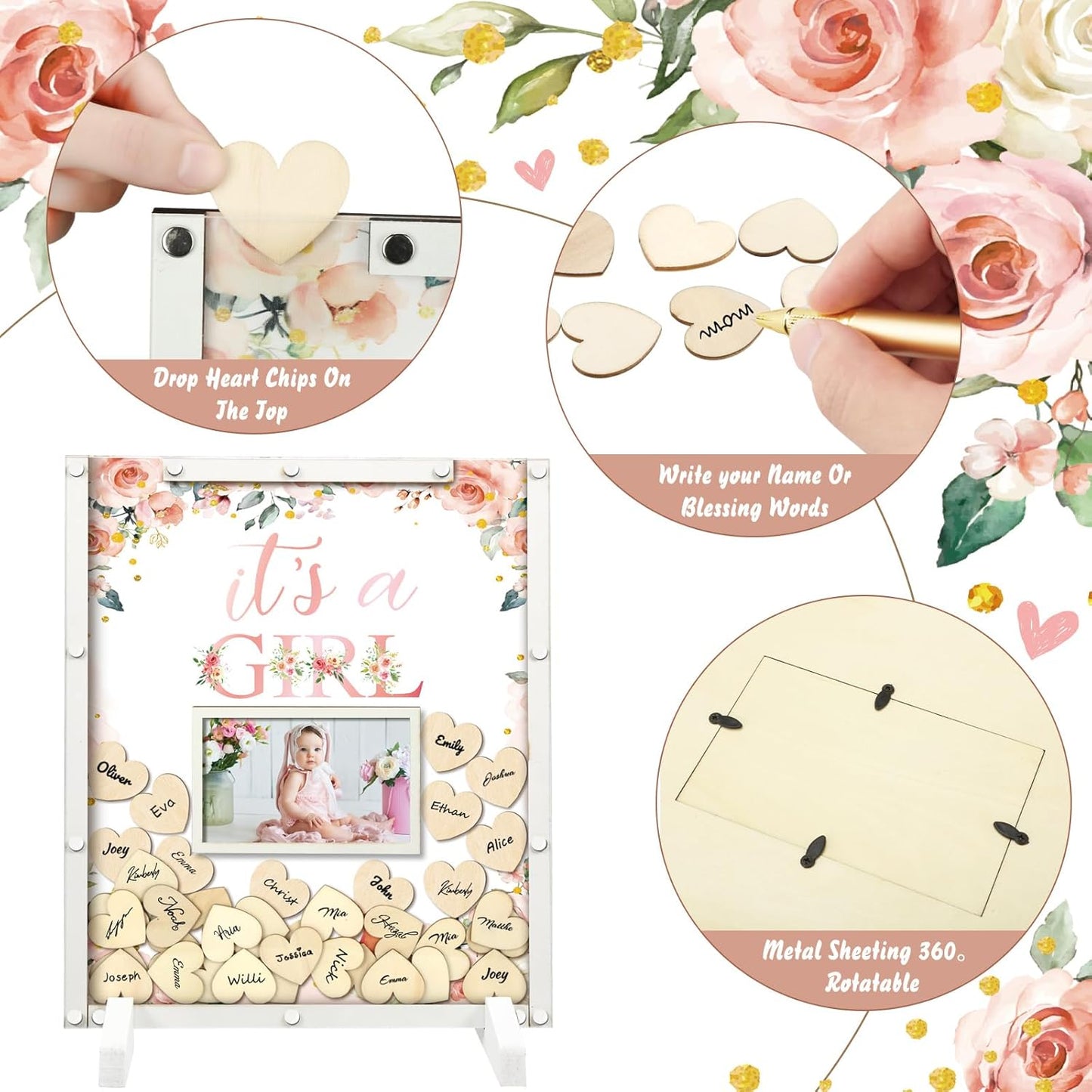 65 Pcs Baby Shower Guest Book Decorations Baby Shower Sign in Guest Book Alternatives Floral It's a Girl Decorations with Photo Frame and 60 Wood Slices Keepsakes for Guests