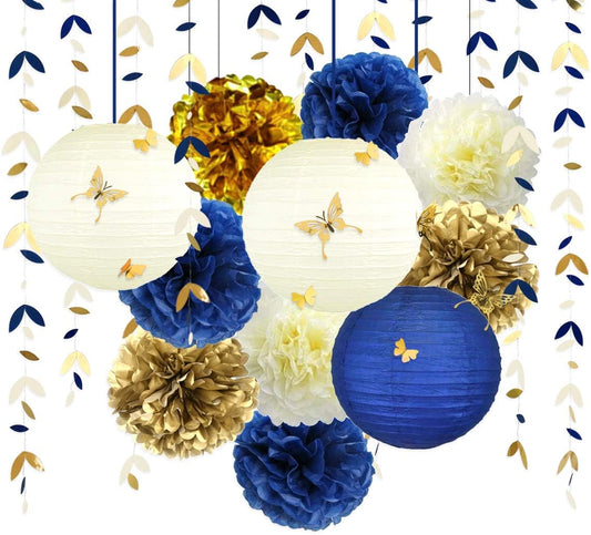 Navy Blue and Gold Party Decoration Kit Lanterns Flowers Pom Pom with Champagne Gold 3D Butterfly Stickers and Leaf Garland Streamers for Birthday Engagement Wedding Bridal Shower Bachelorette Party
