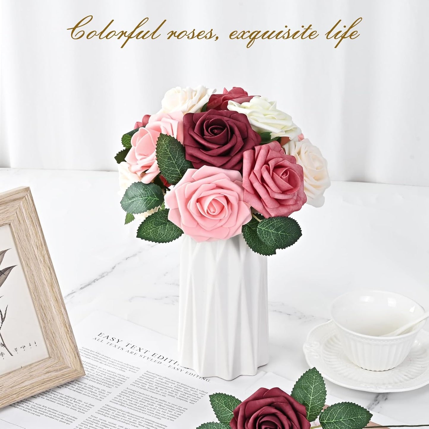 BLEUM CADE 36Pcs Artificial Flowers Fake Roses with Stems, Gradient Burgundy Boxed Foam Roses for DIY Bouquets Centerpieces Wedding Party Arrangement Bridal Shower Decor