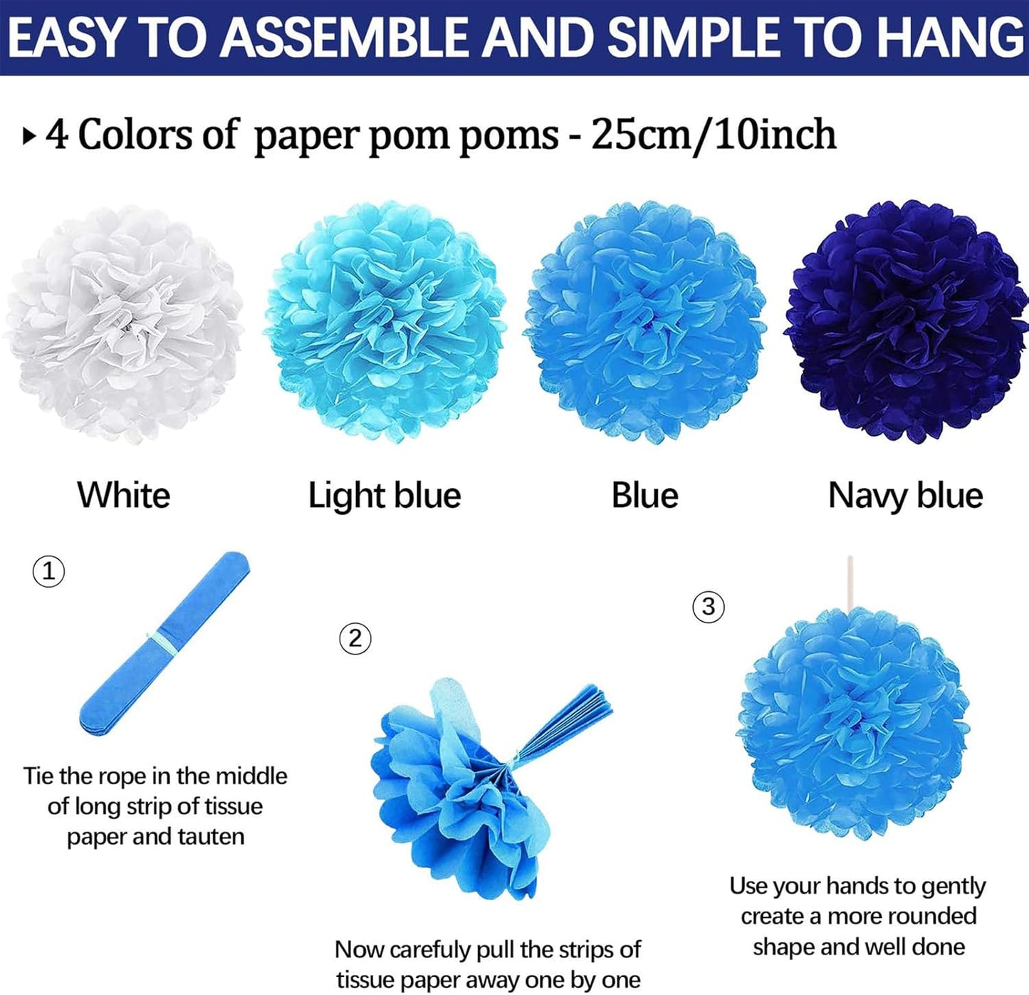 Navy Blue Birthday Party Decoration, 24Pcs Hanging Paper Fans, Pom Poms Flowers, Garland String Polka Dot, Happy birthday Banner and Triangle Bunting Flag Packs for Birthday Parties,and Baby Shower