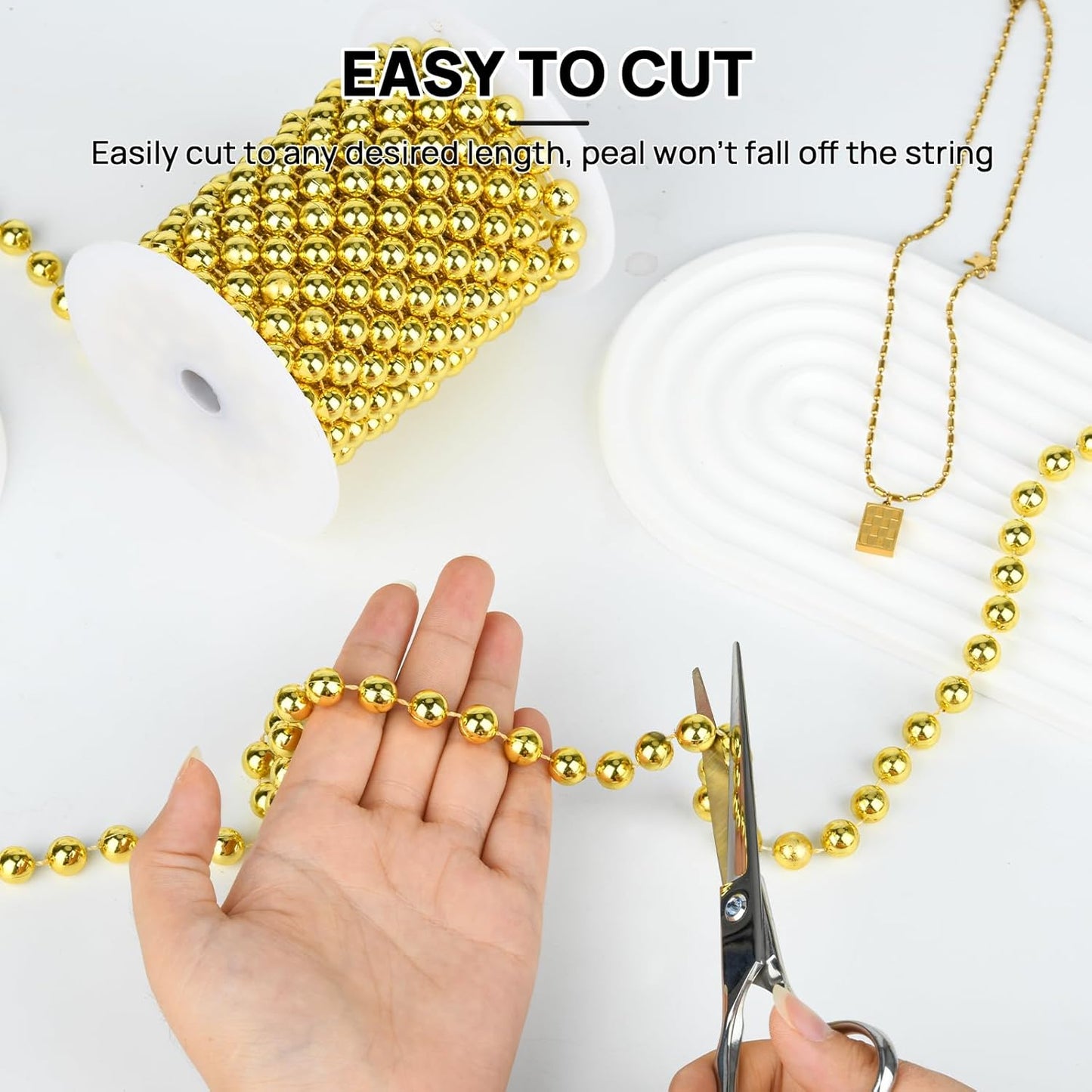 Craft String Pearls 10MM Pearl Bead, 33Feet Gold Faux Pearl Garland Spool Roll Strand Wedding Party Decoration, Christmas Tree Decorations