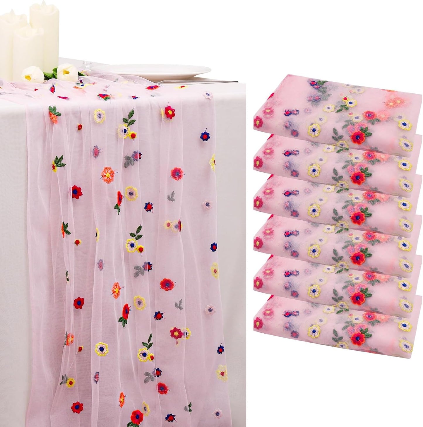 BINBE 6pcs Pink Daisy Fall Table Runner Embroidery Gauze 10FT Florals Seasonal Tulle Holiday Birthday Kitchen Dining Table Decor for Home Party