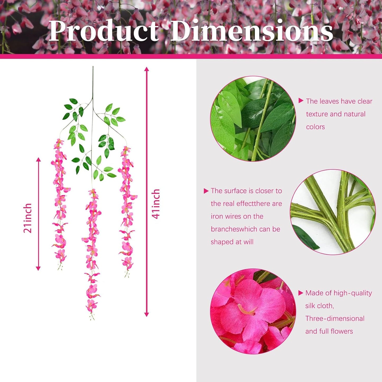 24 Pack Fuchsia Wisteria Hanging Flowers, 3.4 Ft Fake Hanging Flowers, Artificial Wisteria Garland Vines for Wedding Room Backdrop Outdoor Patio Garden Decoration