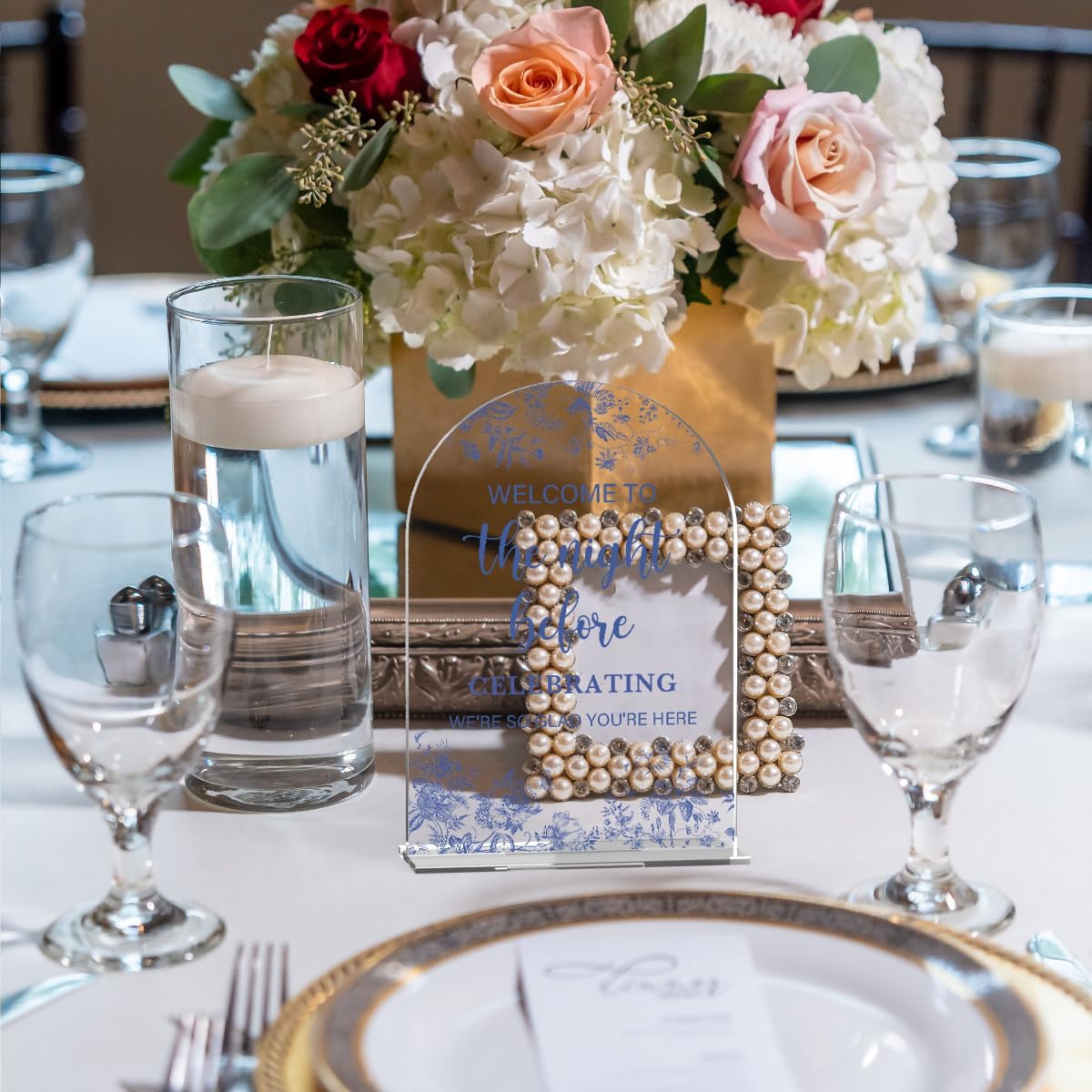 Acrylic Wedding Signs, Dusty Blue Wedding Decor, Blue Weddings Decor, Modern Calligraphy Arch Acrylic Table Top Sign for Weddings Parties Dinners - Welcome to The Night Befor (Clear)