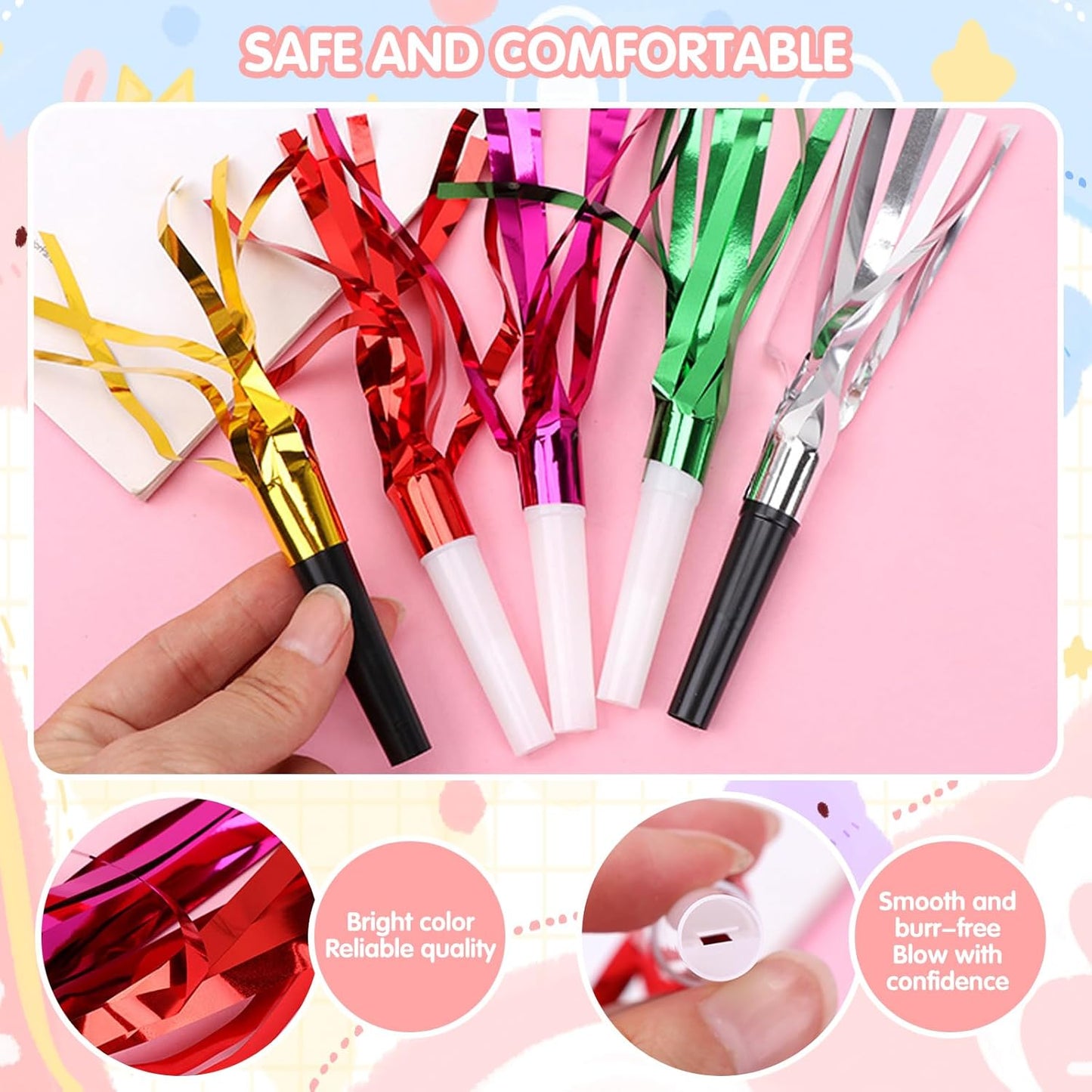 24 Pcs Glitter Noisemakers, Metal Tassel Music Birthday Blowers, Horn Whistles Party Favors Blow Out, Kids New Year's Eve Noisemakers (Color, Gold, Silver)