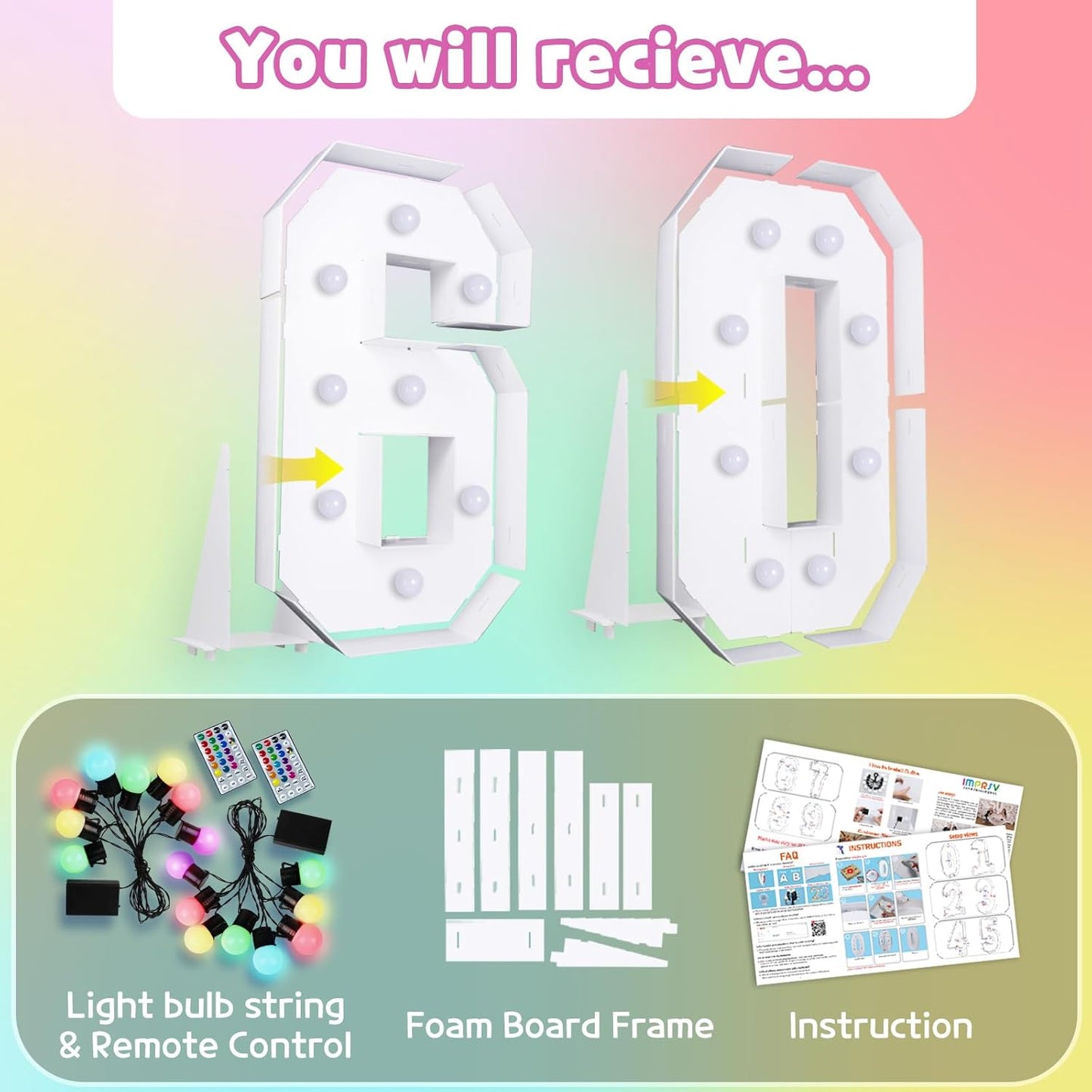 Marquee Numbers 60th-Birthday Decoration: Colorful 3FT Large Light Up 60 Year Old Birthday Decorations Anniversary Backdrop for Boys Girls Cardboard Sign 18 Colors Number 60 Mosaic Balloon Frame