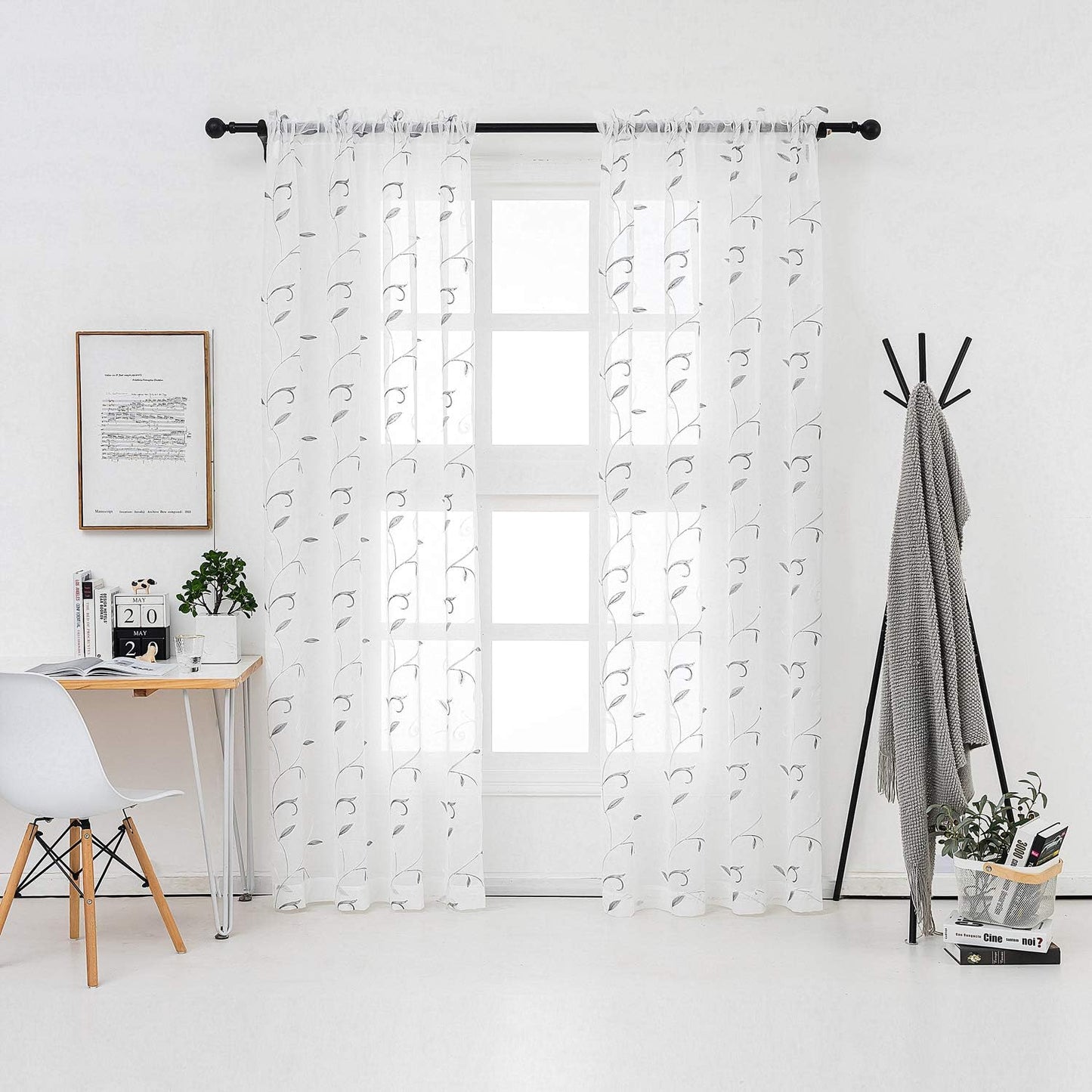 VISIONTEX White Sheer Voile Curtains Loop Embroidered, Decorative Grey Leaves Embroidery Faux Linen, Rod Pocket Window Drapes for Rustic Farmhouse Bedroom 54 x 84 Inch, Set of 2 Panels