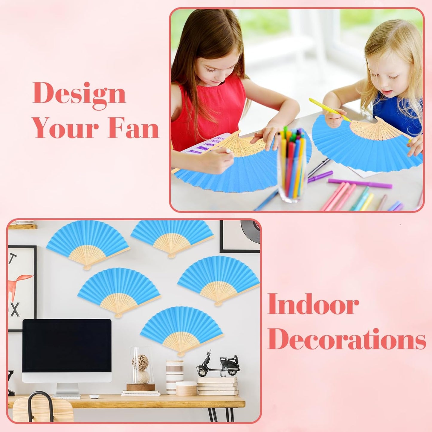 6 Pieces Blue Hand Held Bamboo Folding Fans Foldable Paper Fans Handheld for Women Girls Wedding DIY Decoration Church Home Party Favors Summer