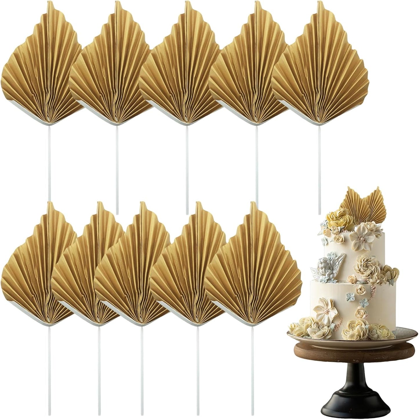 10PCS Paper Palm Fan Cake Toppers Palm Spear Leaves Fan Cupcake Toppers Craft DIY Cake Bakeware Decoration for Birthday Party Wedding Party Decor Supplies Light Gold