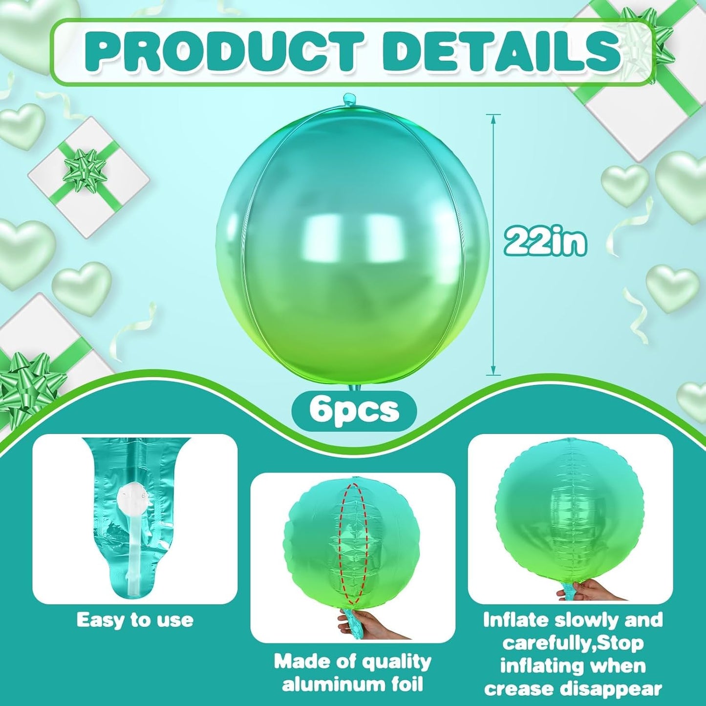 6Pcs Gradient Blue Round Foil Balloons,Giant 4D Round Ball Balloon,22 Inch Blue Balloons for Birthday Wedding Graduation Prom Party Decorations