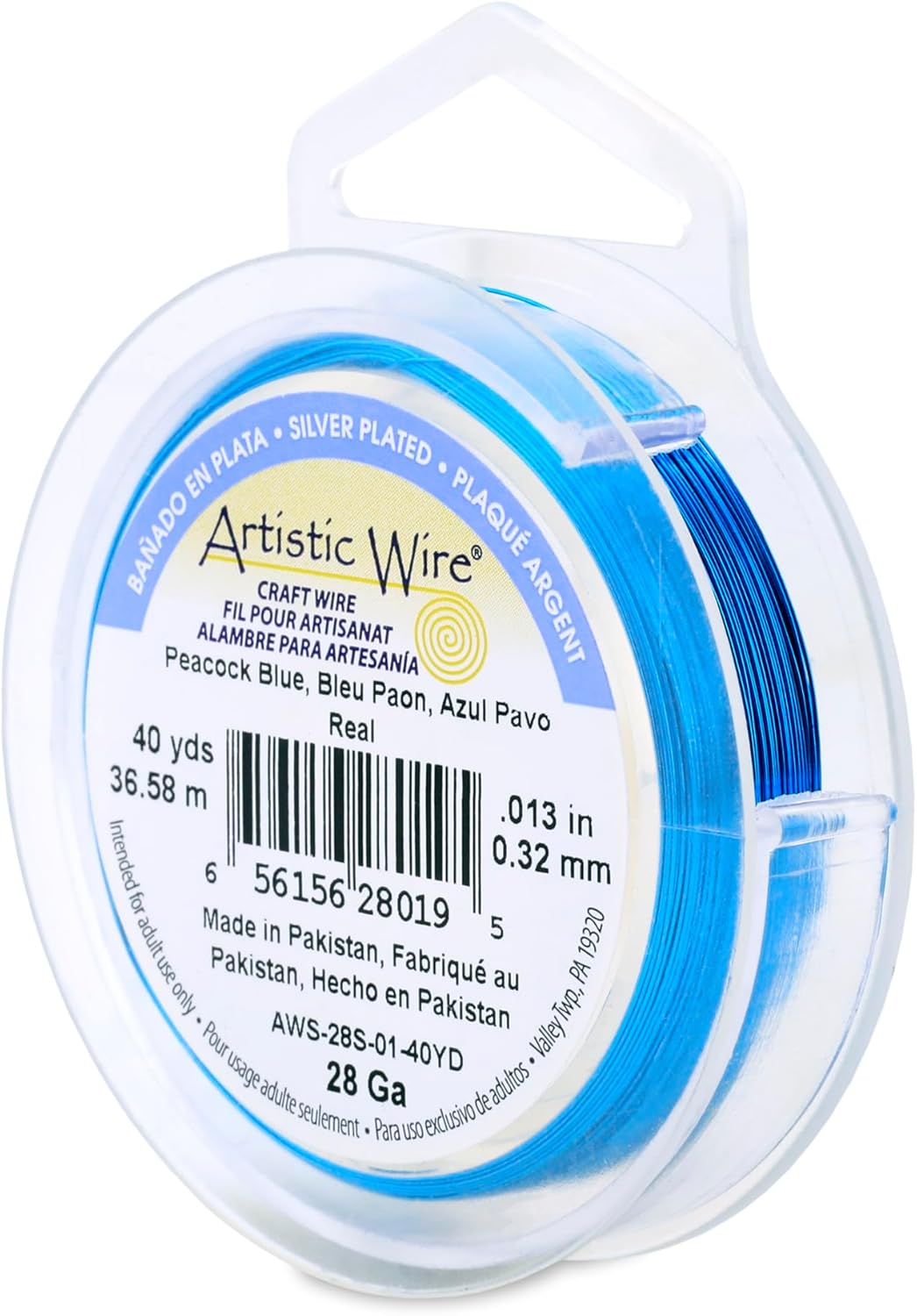 Artistic Wire, 28 Gauge Silver Plated Tarnish Resistant Colored Copper Craft Wire, Peacock Blue, 40 yd