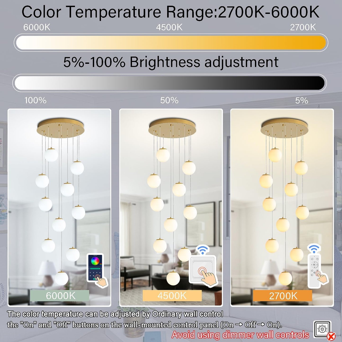 H118 Large Chandeliers for High Ceilings,12-Lights Mid Century Globe Chandelier Gold Modern Globe Pendant Light for Entryway Villas and Stairs