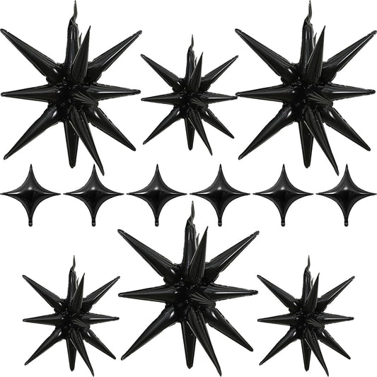 Black Star Balloons 12pcs, 27/22 Inch Foil Star Explosion Balloons, Large Spike Mylar Cone Balloon, Fireworks Shape Balloon Party Decor for Retirement Wedding Birthday Graduation