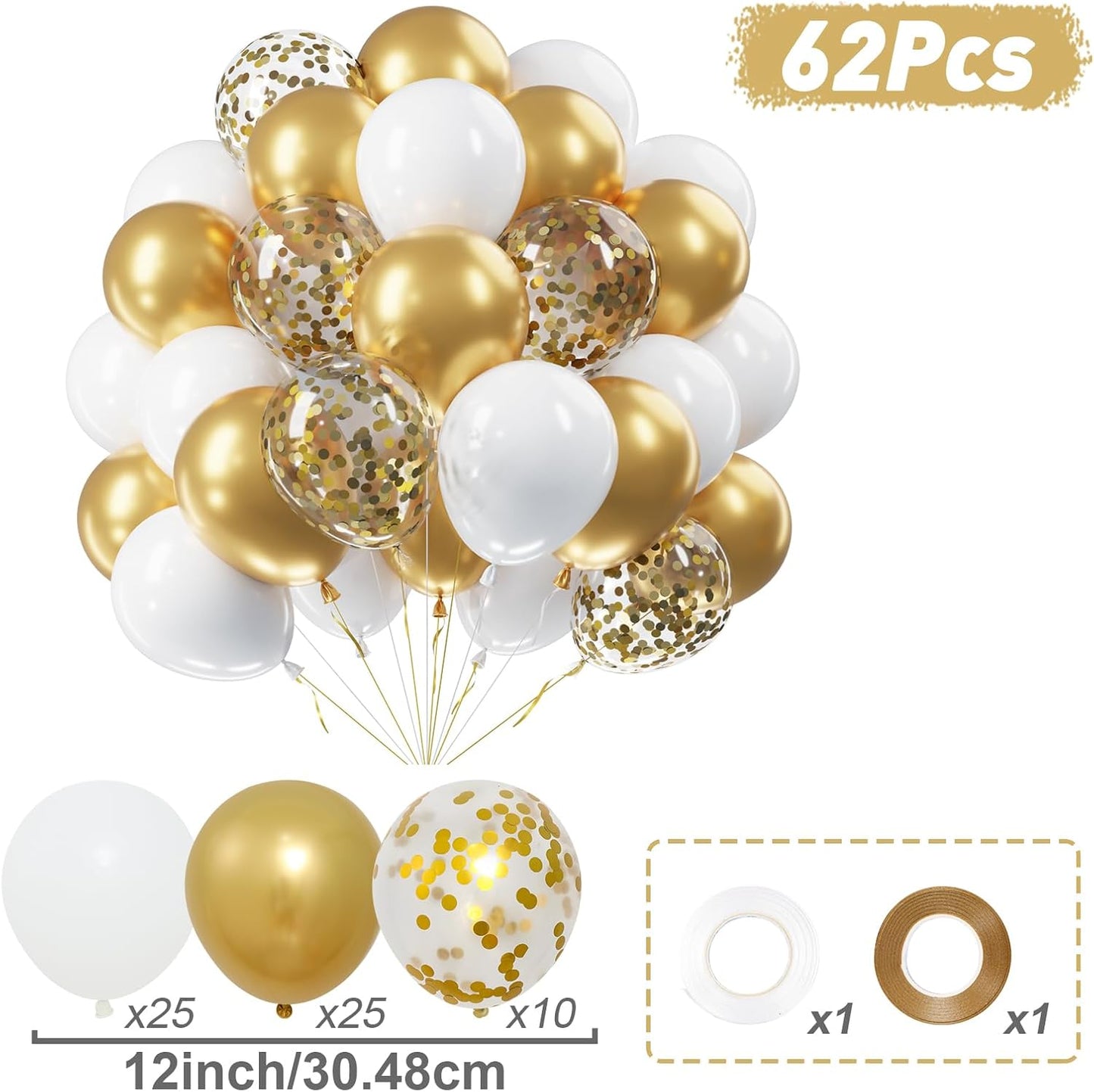Netnology Gold and White Balloons Set, 60Pcs 12 Inch White Metallic Gold and Gold Confetti Latex Balloon for Birthday Baby Shower Bridal Shower Wedding Graduation Party Decorations