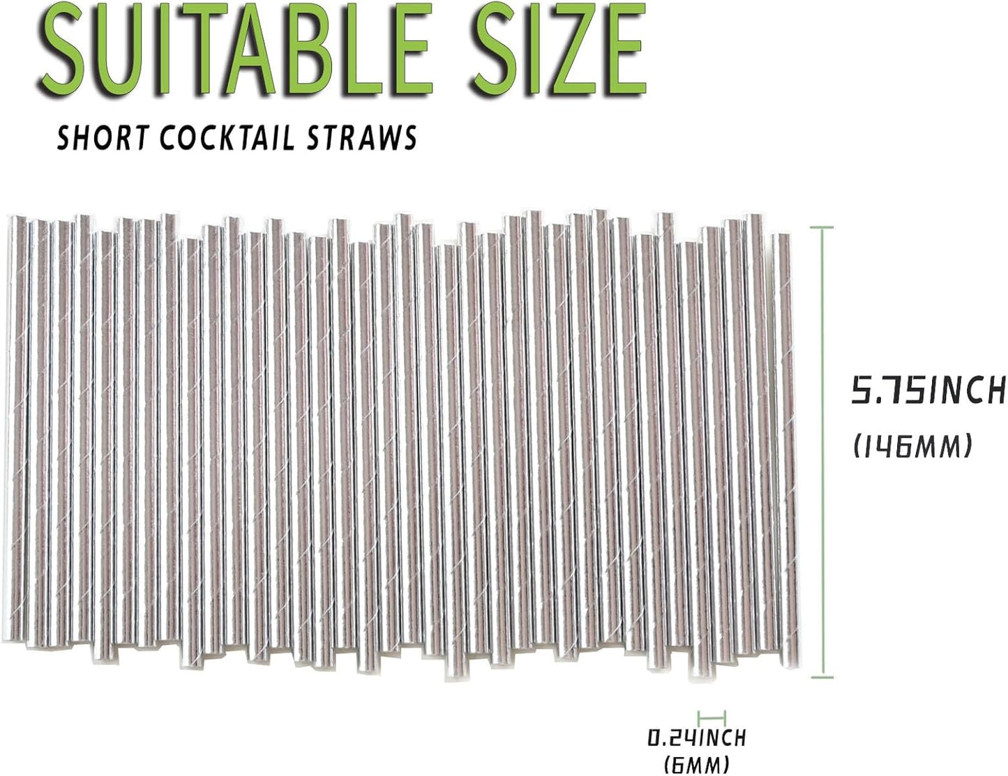 Paper Drinking Straws Cocktail Silver, Compostable Disposable Straws for Party, Bar, Decorations - 5.75" Short, 500 Count