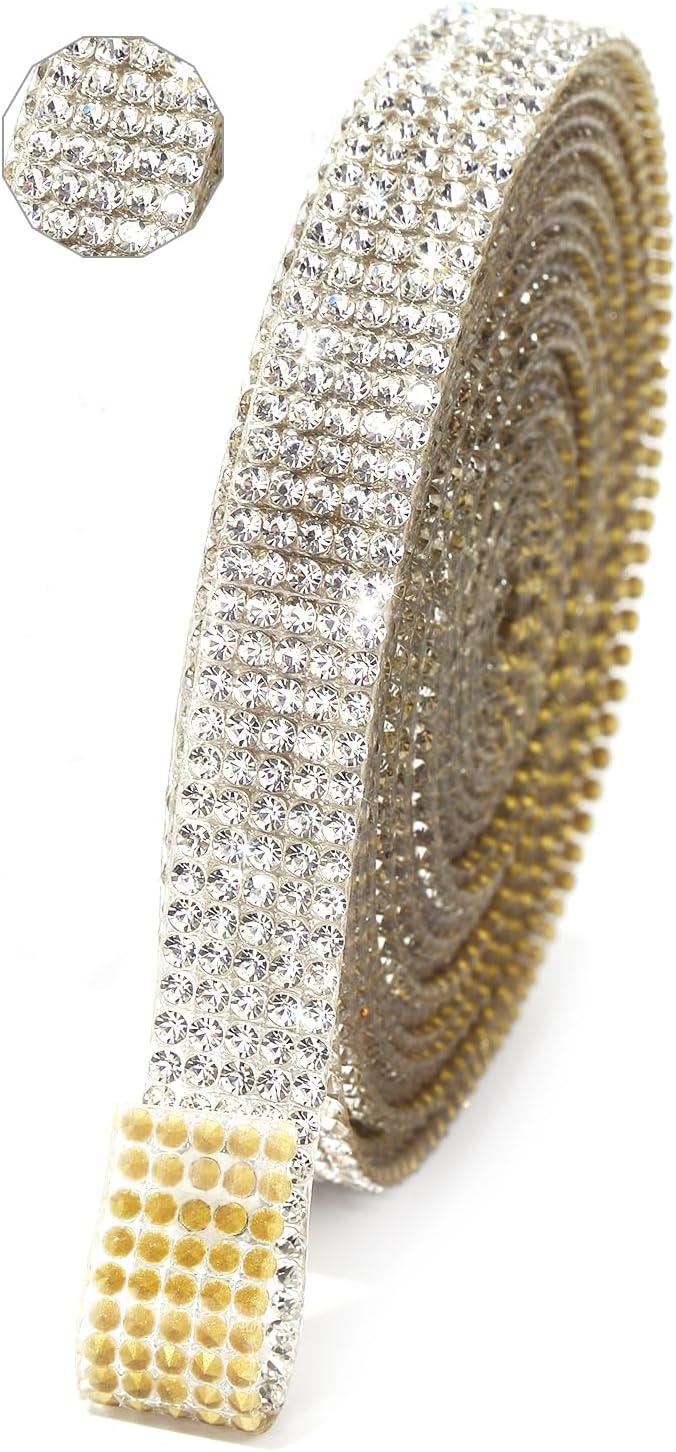 Rhinestone Ribbon 3 Yards Self Adhesive Rhinestone Strips Diamond Ribbon Sticker Crystal Roll Glitter Bling 2mm Rhinestones Tape for Crafting DIY Art Decoration (Silver,0.4 Inch)