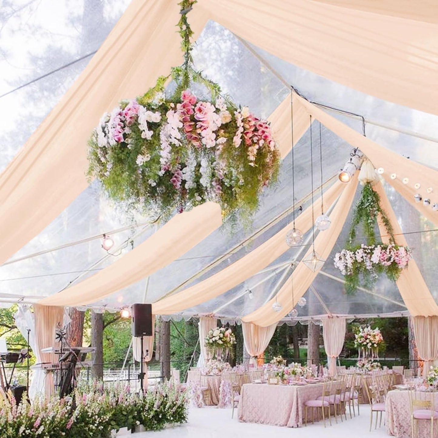 Wedding Arch Draping Fabric 5FTx20FT 2 Panels Ceiling Drapes Champagne Party Decorations Chiffon Backdrop Swag Curtains Sheer Fabric Wedding Arch Drapery Ceiling Tent Drape Decor for Altar Stage