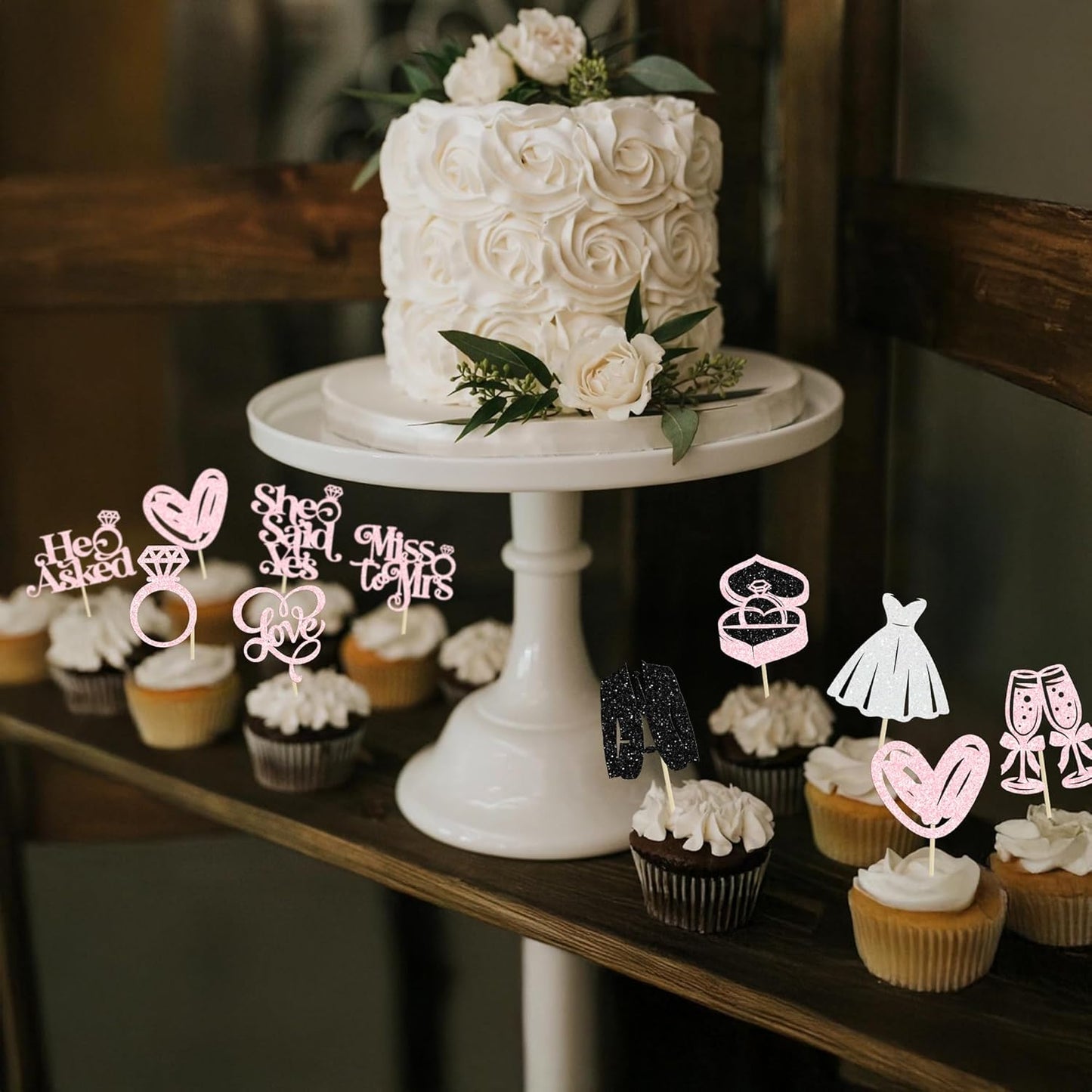 Gyufise 30Pcs She Said Yes Cupcake Toppers Glitter Diamond Ring I Do Love Cupcake Picks Miss to Mrs He Asked Bridal Shower Wedding Engagement Bachelorette Cake Decoration Light Pink